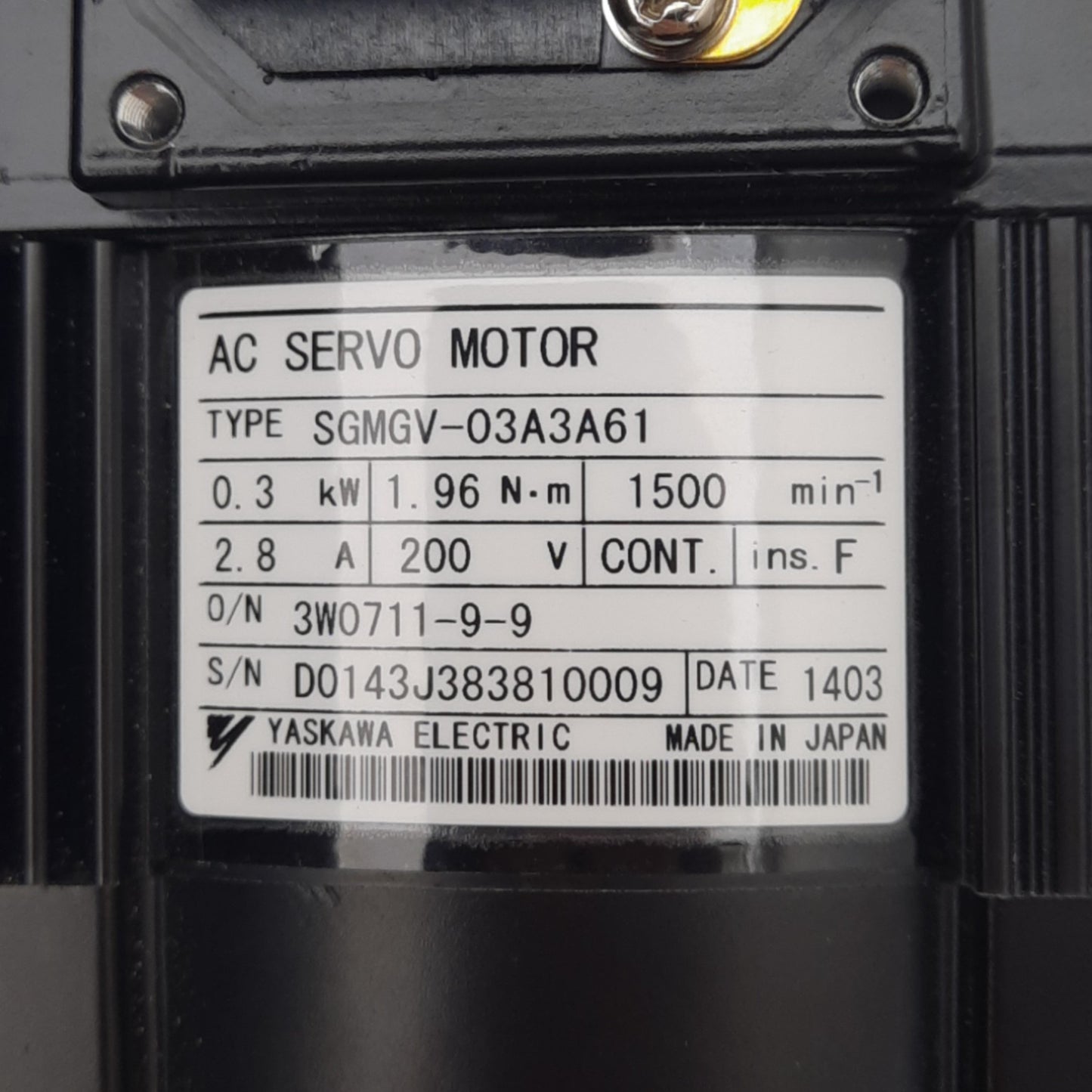 New Yaskawa SGMGV-03A3A61 Sigma 5 Servo Motor, 0.3kW, 1.96Nm, 1500rpm, 200VAC 2.8A