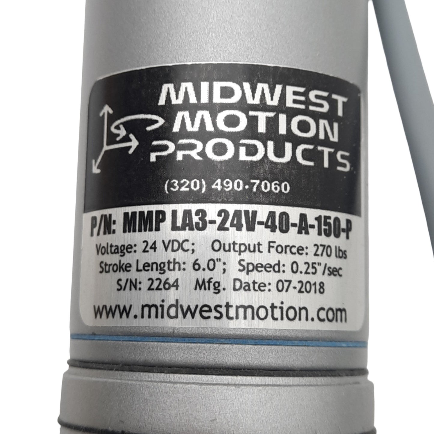 New Midwest Motion MMP LA3-24V-40-A-150-P Linear Actuator, 6in Stroke, 24VDC
