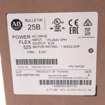 New Allen Bradley 25B-B8P0N104 PowerFlex AC Drive, 1.5kW, 3-Ph 0-500Hz 0-230VAC 8A
