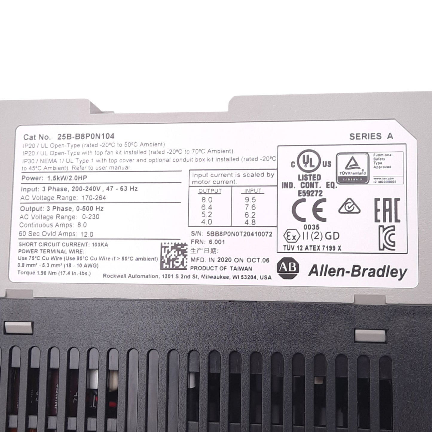New Allen Bradley 25B-B8P0N104 PowerFlex AC Drive, 1.5kW, 3-Ph 0-500Hz 0-230VAC 8A