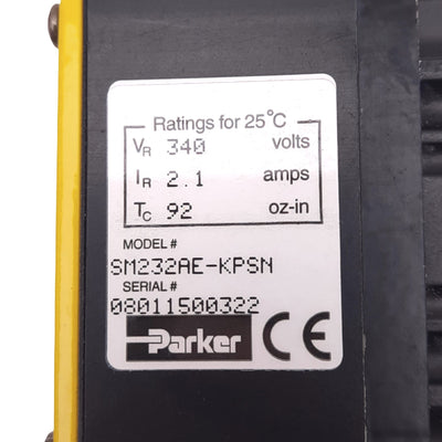 New Parker SM232AE-KPSN Brushless Servo Motor, NEMA 23, 340VAC, 92oz-in, 7500rpm Max