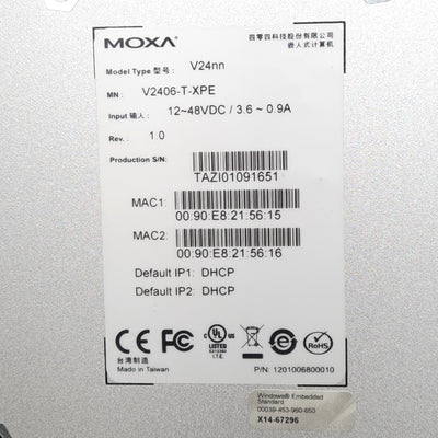 New Moxa V2406-T-XPE Embedded Computer, Intel Atom N270, 12-48VDC In, DVI-I/VGA USB