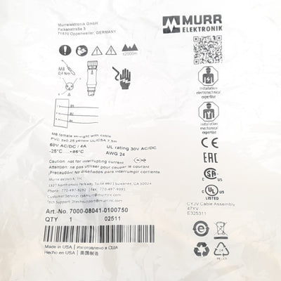 New Murr Elektronik 7000-08041-0100750 Sensor Cable, M8 3-Pin F, 60V, 7.5m Length