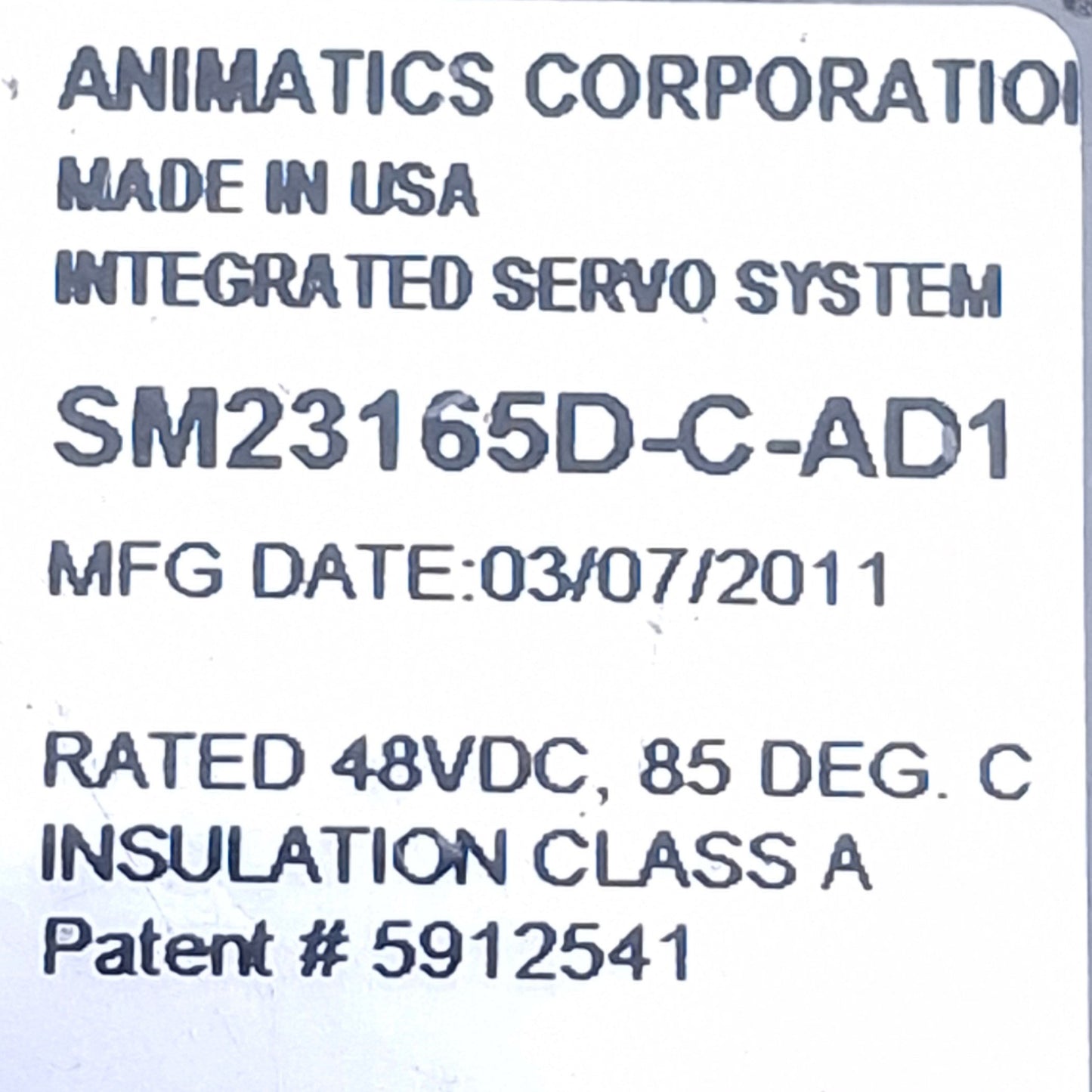 Used Moog Animatics SM23165D-C-AD1 Class D-Style SmartMotor 48VDC, ø0.25in Shaft