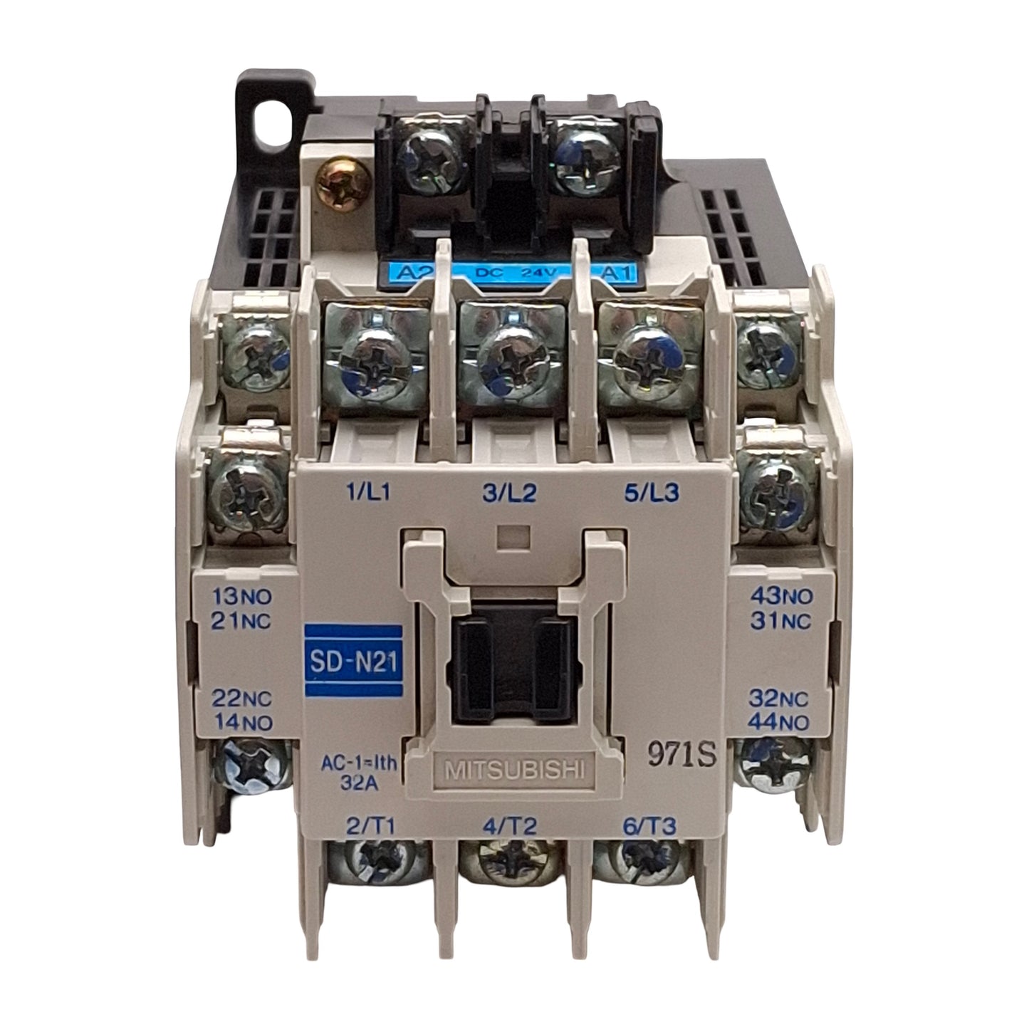 Used Mitsubishi SD-N21 Contactor, 3-Pole, 2NO+2NC, 32A, 10HP @ 3Ø 600VAC, 24VDC Coil