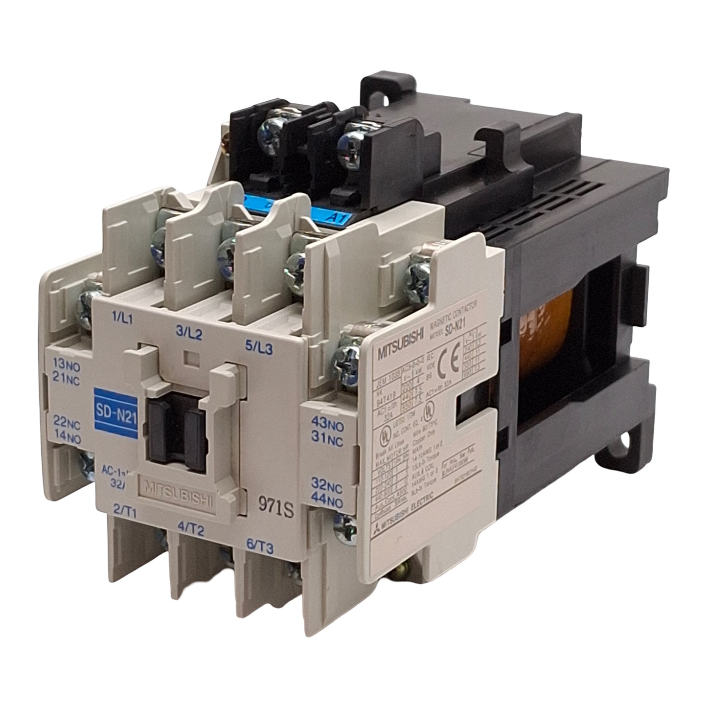 Used Mitsubishi SD-N21 Contactor, 3-Pole, 2NO+2NC, 32A, 10HP @ 3Ø 600VAC, 24VDC Coil