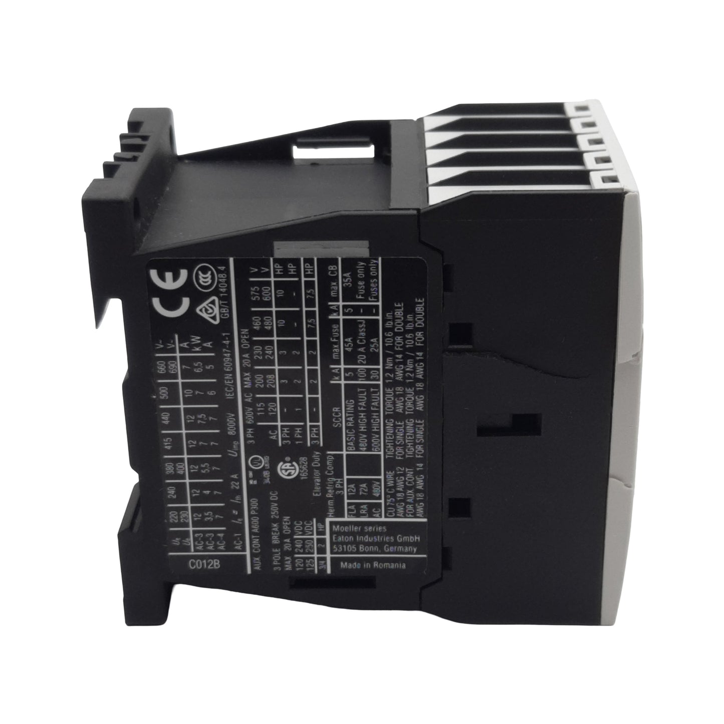 New – Open box Eaton XTCEC012B10TD Conatctor 3-Pole 1NO 20A 600VAC, 24VDC Coil *Cracked Casing*