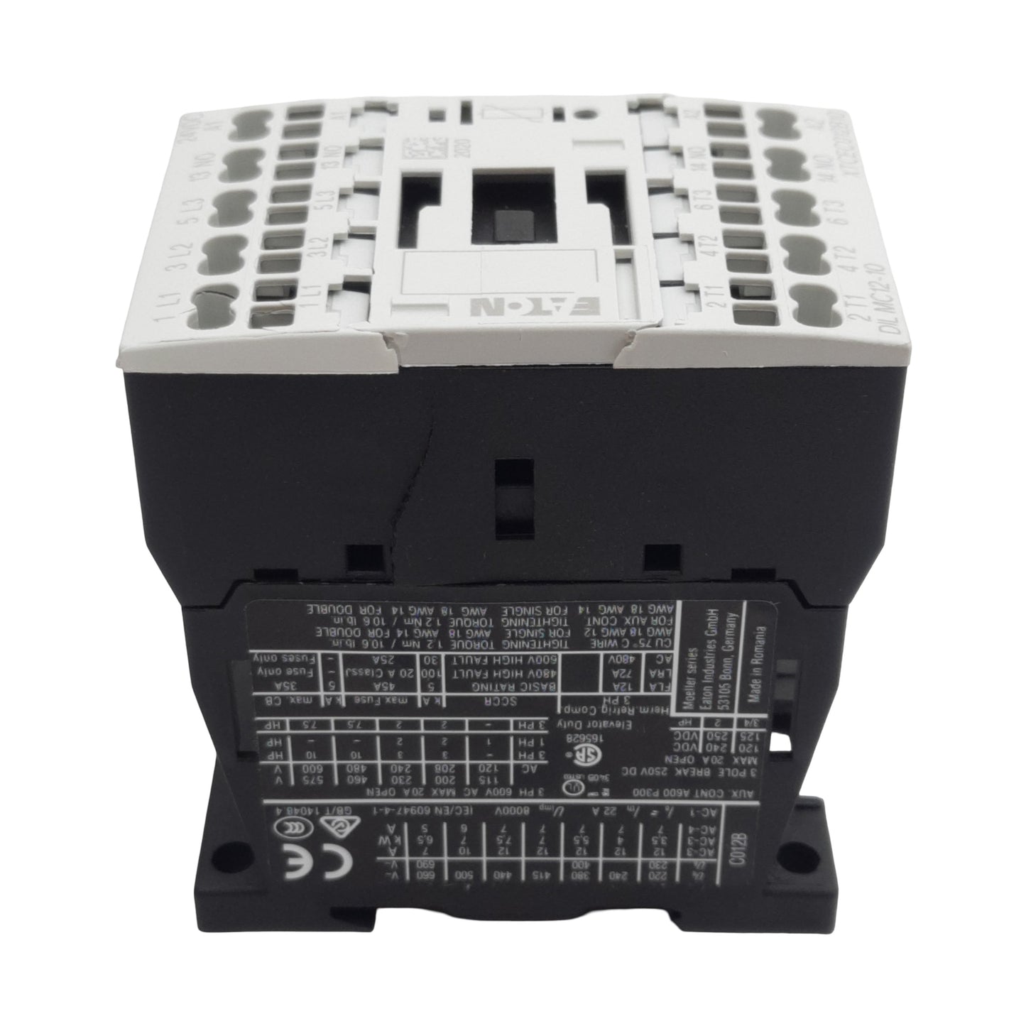 New – Open box Eaton XTCEC012B10TD Conatctor 3-Pole 1NO 20A 600VAC, 24VDC Coil *Cracked Casing*