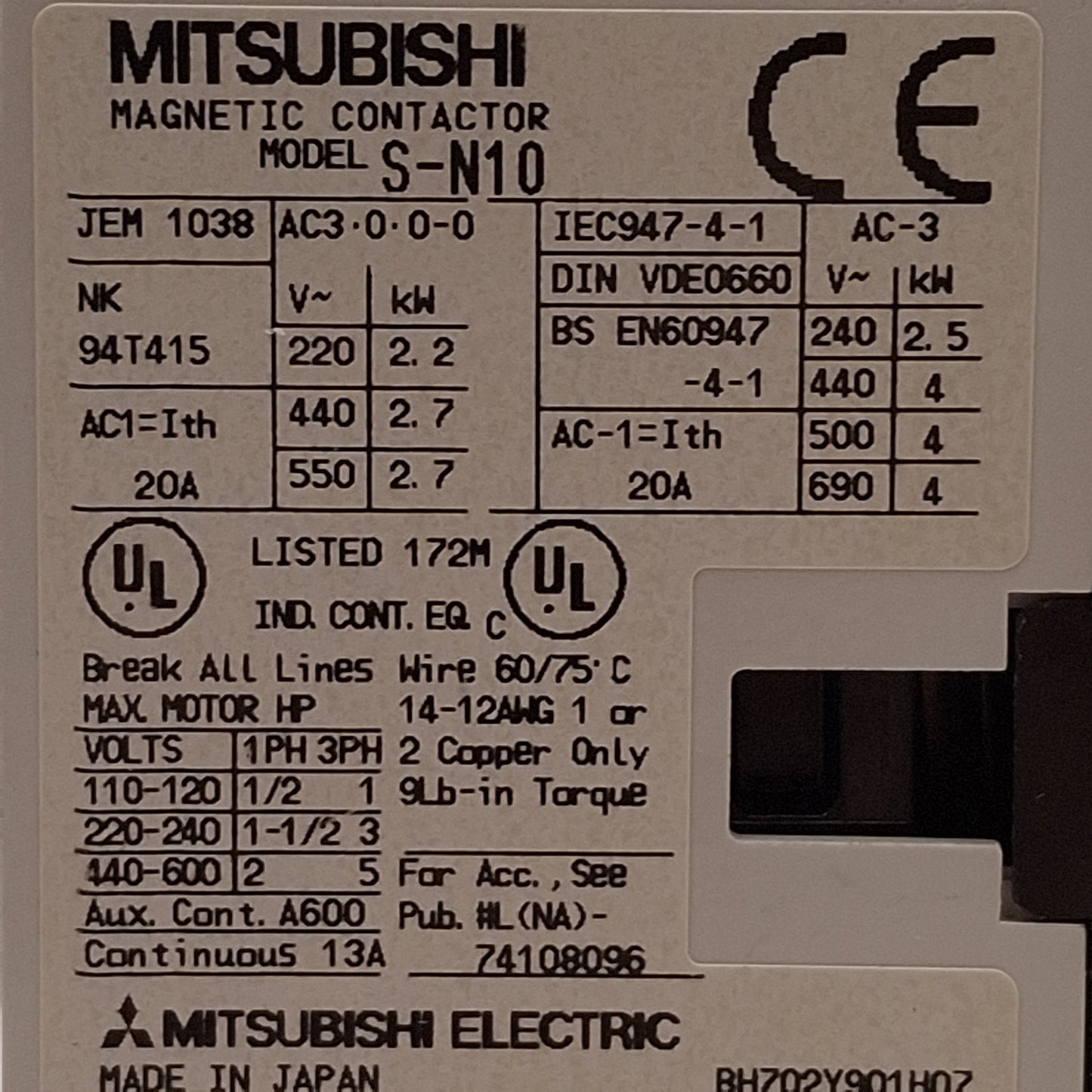 Used Mitsubishi S-N10 Contactor, 3P + 1NC Aux, 20A, 5HP @ 3Ø 600VAC, 100-110VAC Coil