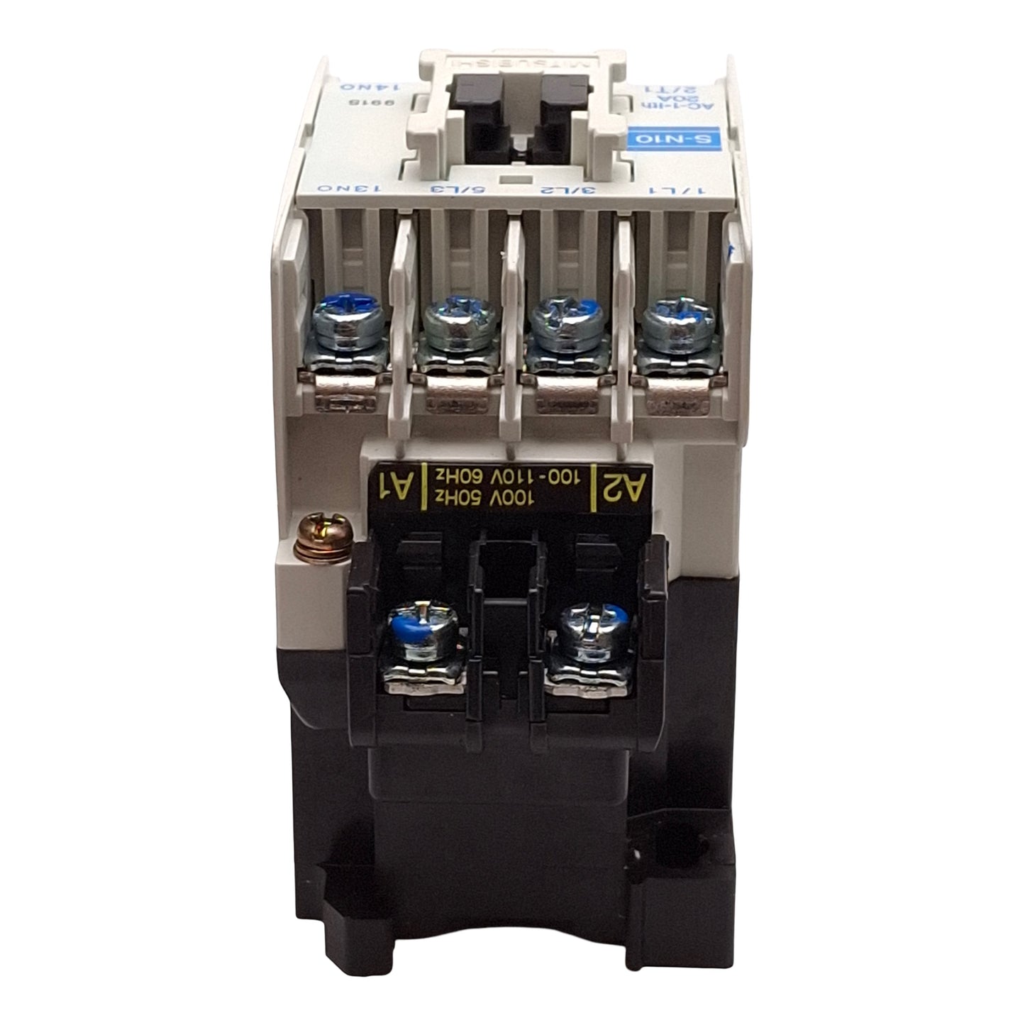 Used Mitsubishi S-N10 Contactor, 3P + 1NC Aux, 20A, 5HP @ 3Ø 600VAC, 100-110VAC Coil