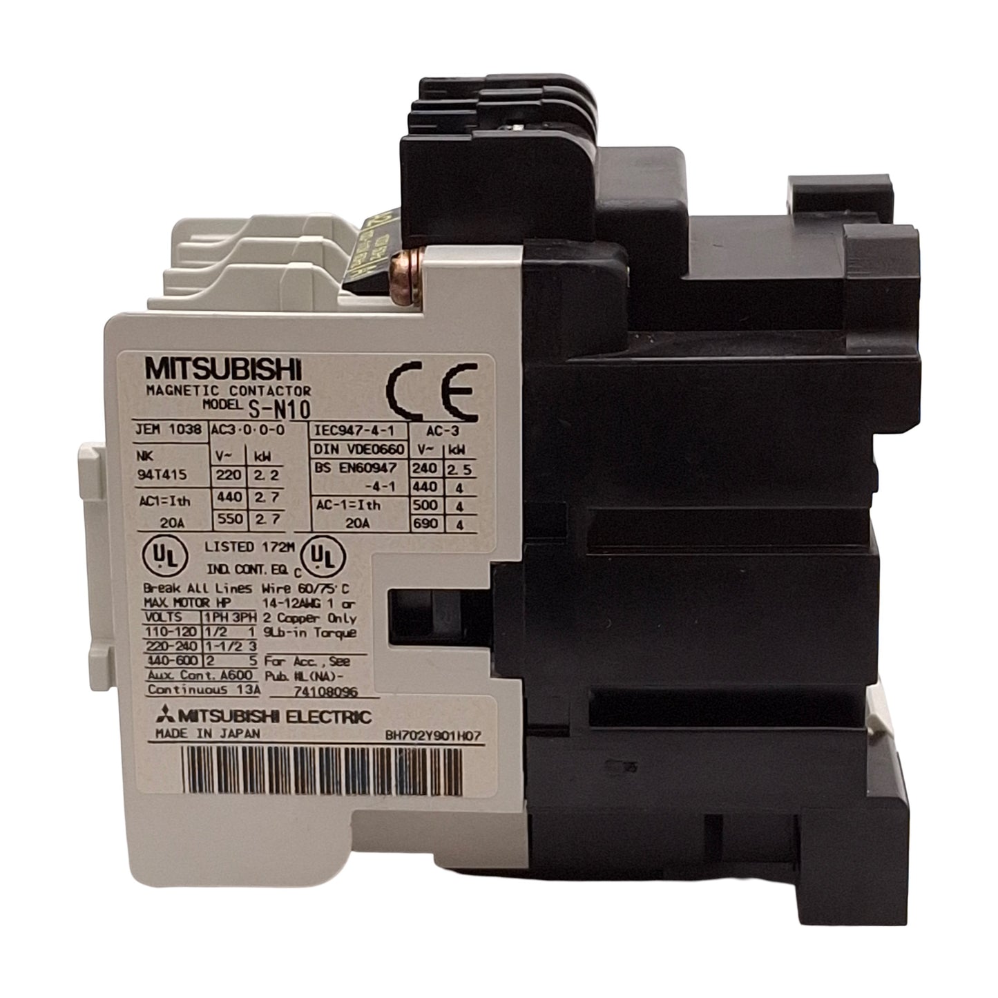 Used Mitsubishi S-N10 Contactor, 3P + 1NC Aux, 20A, 5HP @ 3Ø 600VAC, 100-110VAC Coil