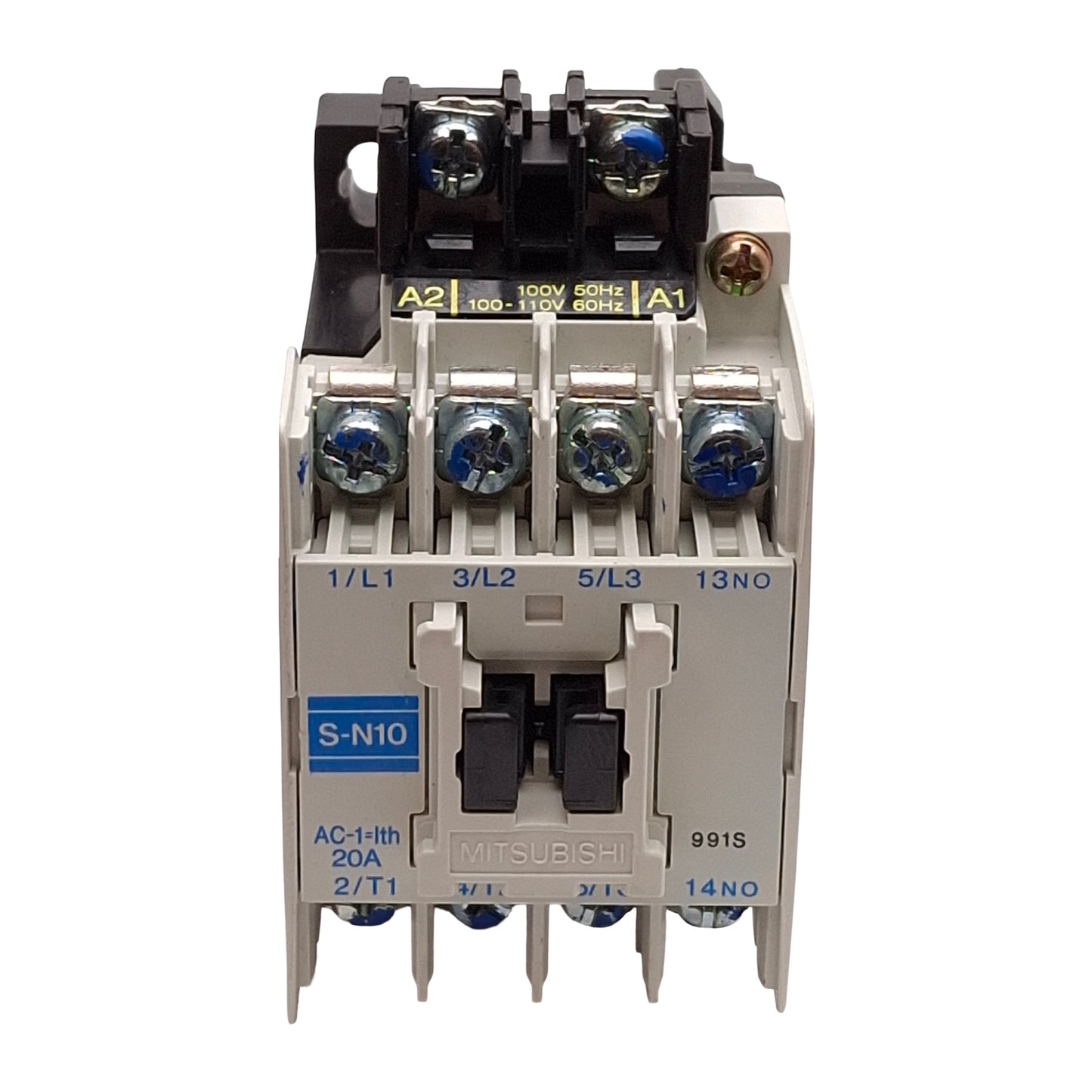 Used Mitsubishi S-N10 Contactor, 3P + 1NC Aux, 20A, 5HP @ 3Ø 600VAC, 100-110VAC Coil