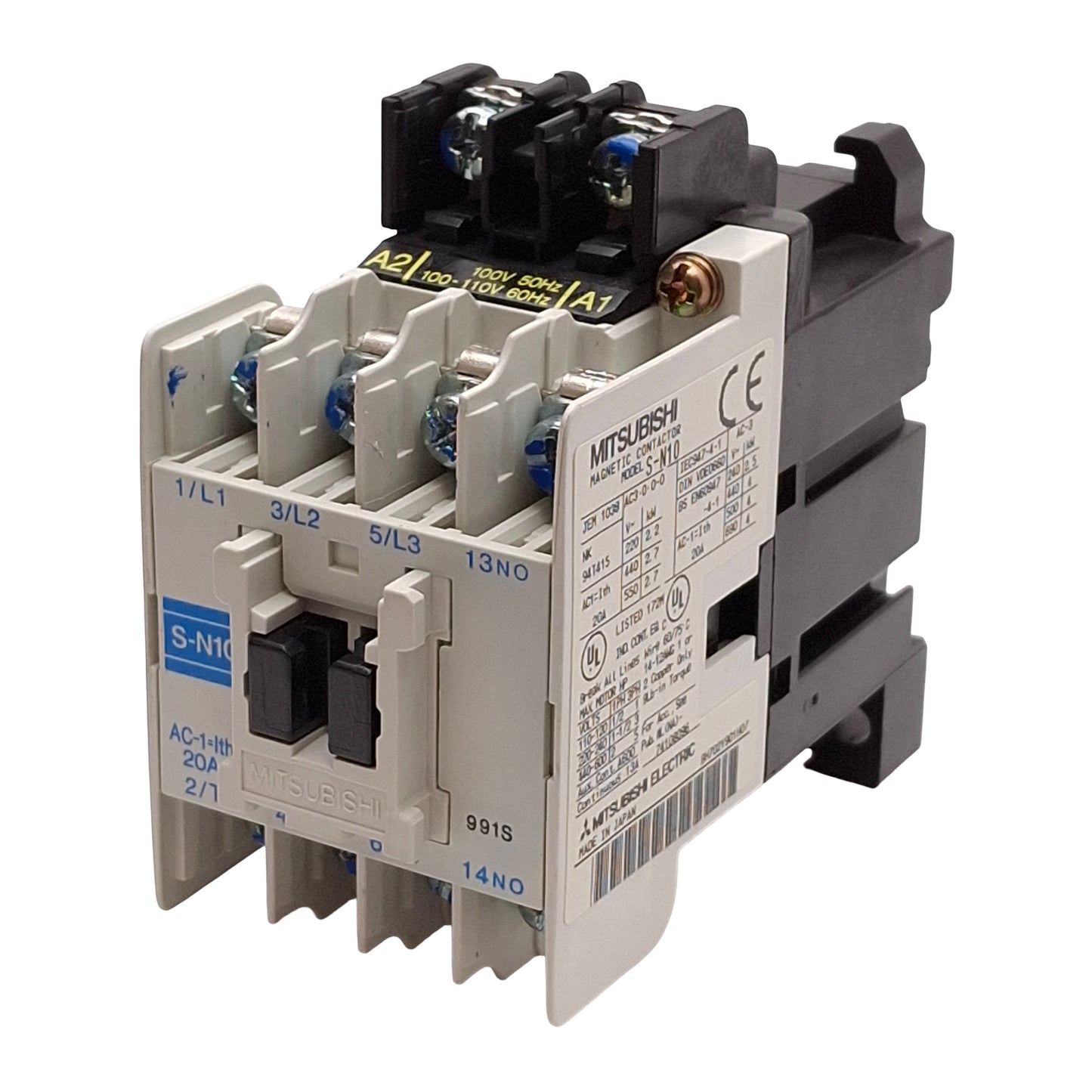 Used Mitsubishi S-N10 Contactor, 3P + 1NC Aux, 20A, 5HP @ 3Ø 600VAC, 100-110VAC Coil