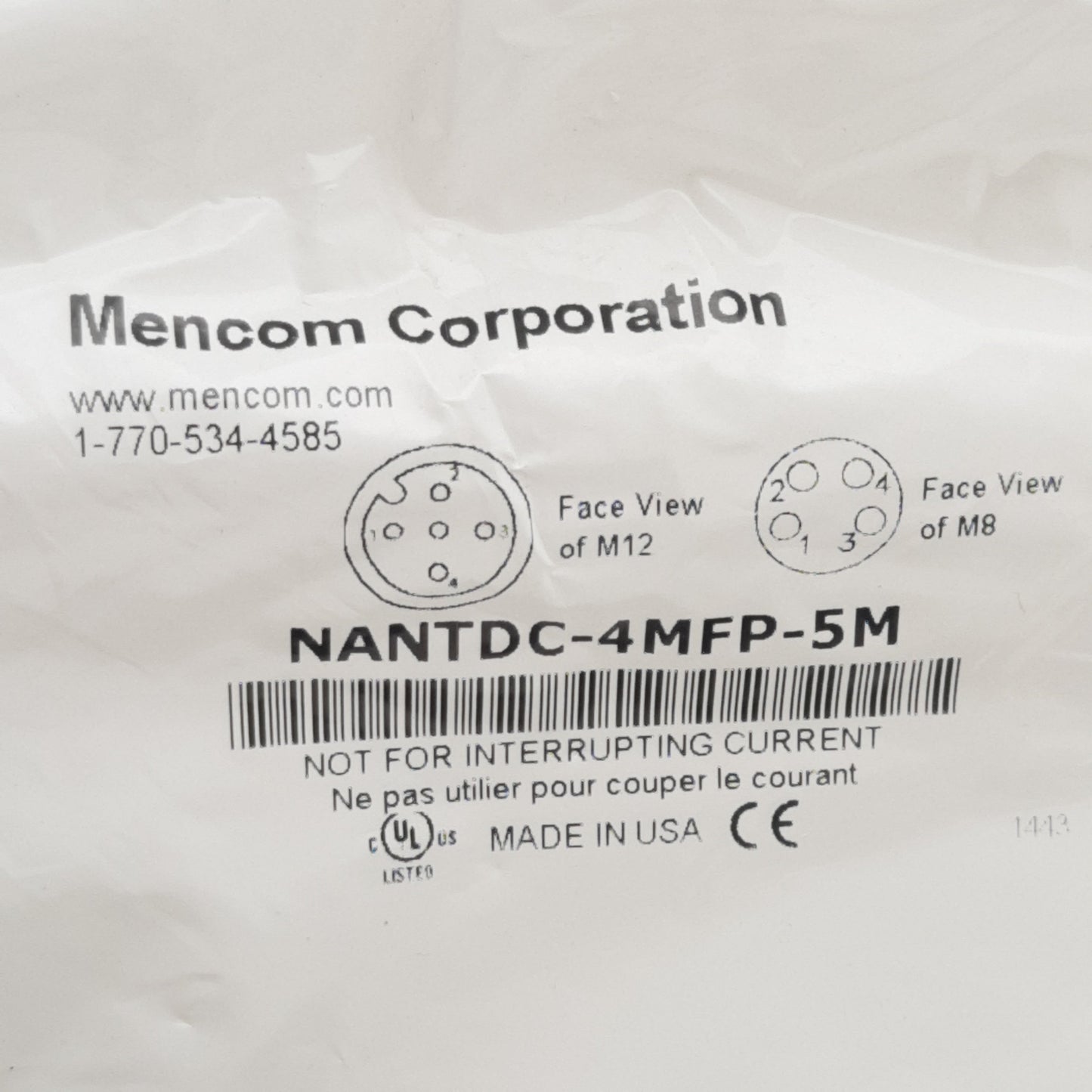 New Mencom NANTDC-4MFP-5M Cordset, 4-Pin M12 Female to 4-Pin M8 Male 60VAC/DC 4A, 5m