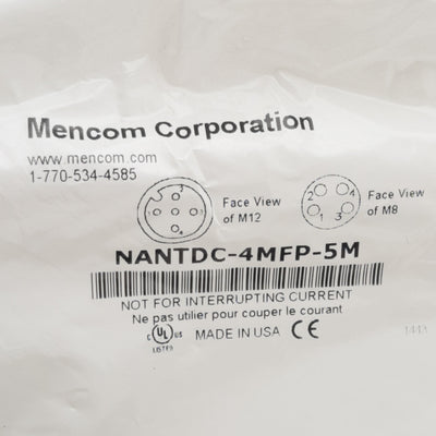 New Mencom NANTDC-4MFP-5M Cordset, 4-Pin M12 Female to 4-Pin M8 Male 60VAC/DC 4A, 5m