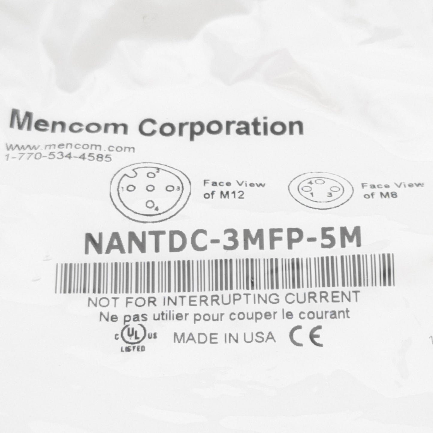New Lot of 2 Mencom NANTDC-3MFP-5M Cordset, 3-Pin M12 Female to 3-Pin M8 Male, 5m