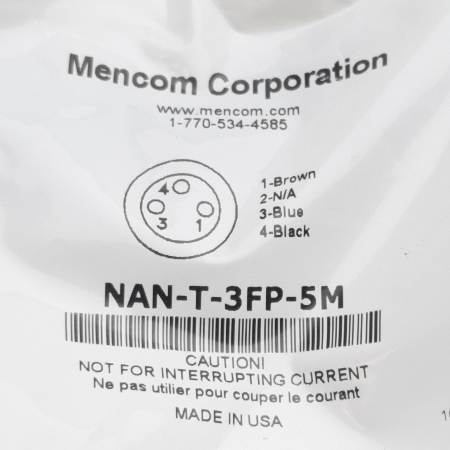 New Lot of 2 Mencom NAN-T-3FP-5M Cordset, 3-Pin M8 Female to Leads, 60VAC/VDC 3A, 5m