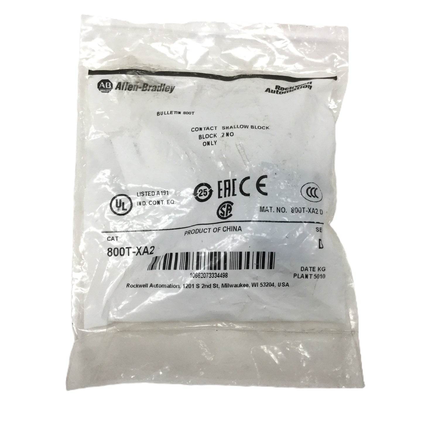 New Allen Bradley 800T-XA2 Contact Block for 30mm Pushbutton Switch, 2NO, 600VAC 10A