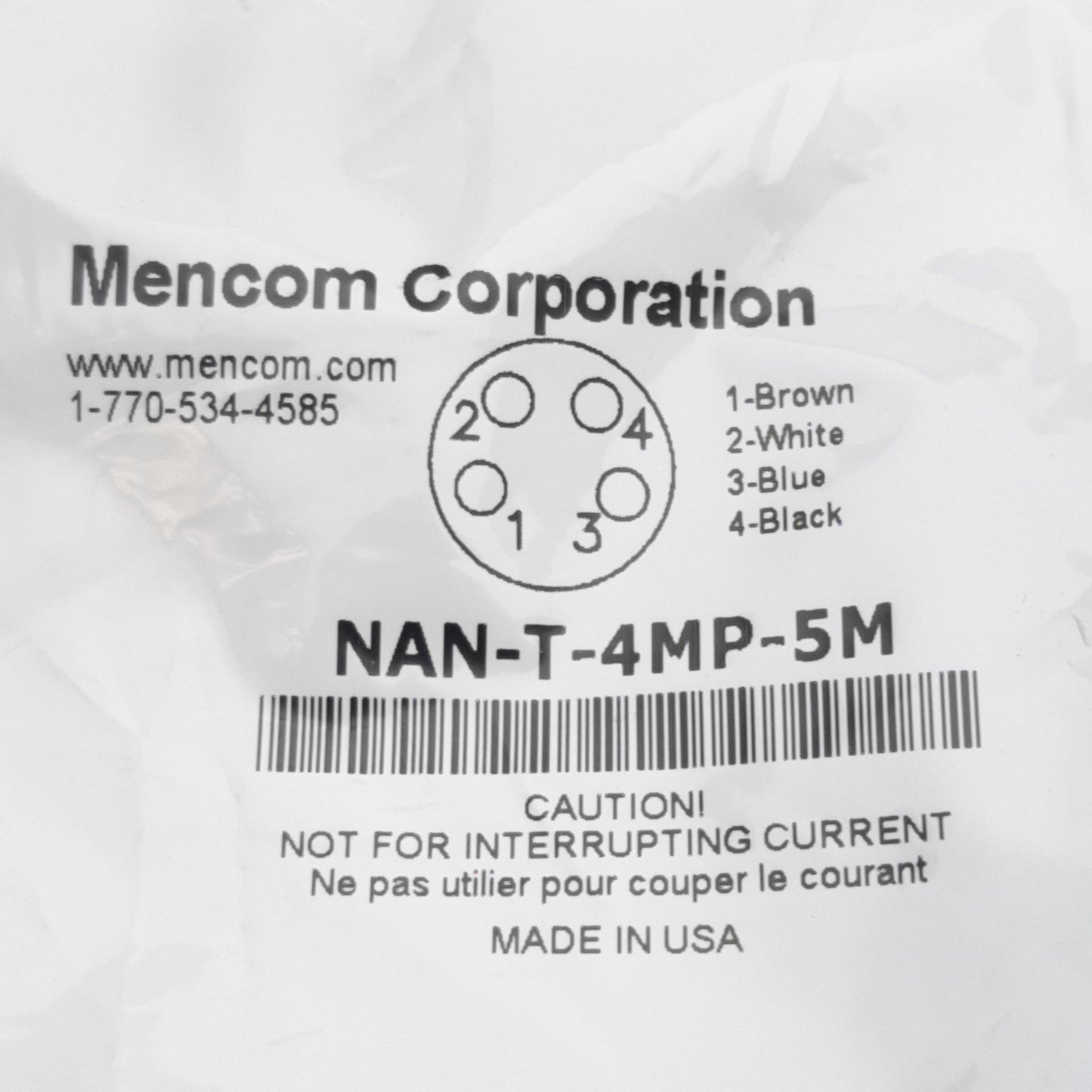 Used Lot of 2 Mencom NAN-T-4MP-5M Cordset, 4-Pin M8 Male to Leads, 60VAC/VDC 3A, 5m