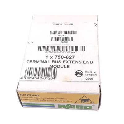 New Wago 750-627 Terminal Bus Extension End Module, RJ45, 5VDC, DIN Rail Mount