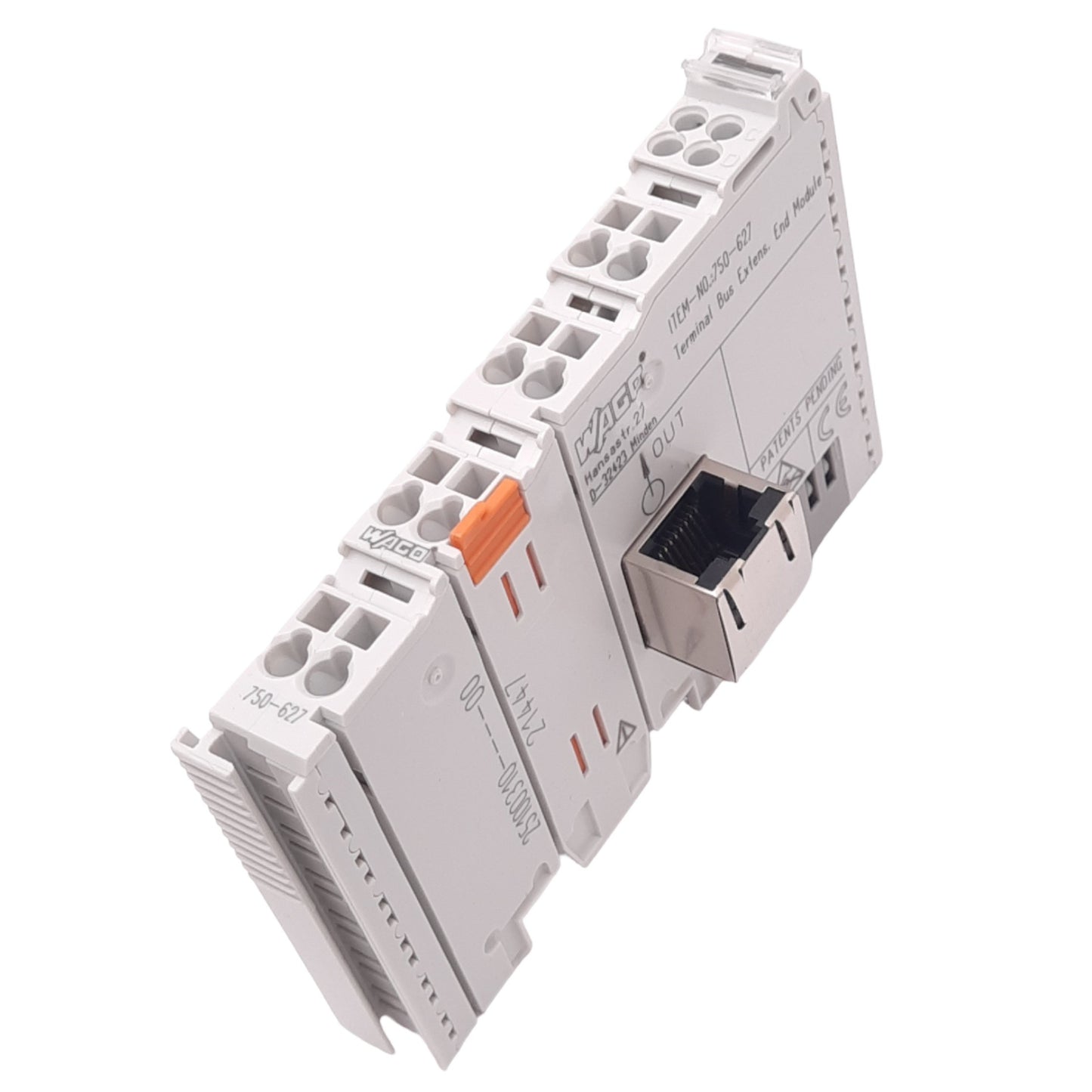 New Wago 750-627 Terminal Bus Extension End Module, RJ45, 5VDC, DIN Rail Mount