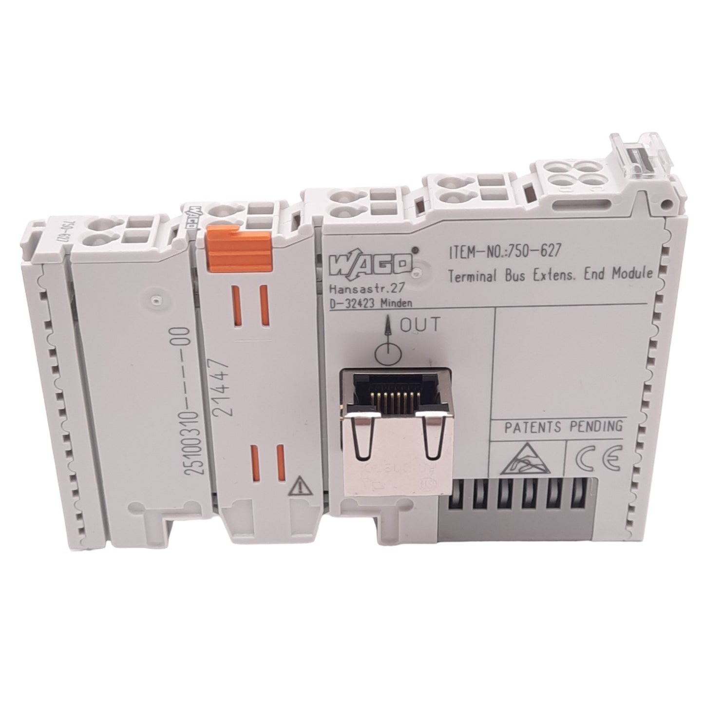 New Wago 750-627 Terminal Bus Extension End Module, RJ45, 5VDC, DIN Rail Mount