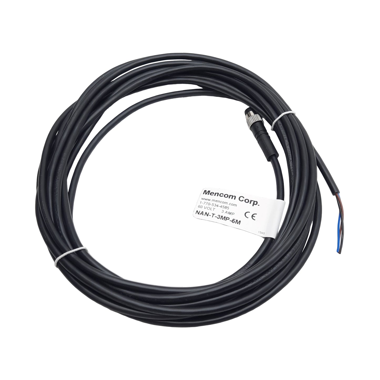 New Lot of 2 Mencom NAN-T-3MP-5M Cordset, 3-Pin M8 Male to Leads, 60VAC/VDC 3A, 5m