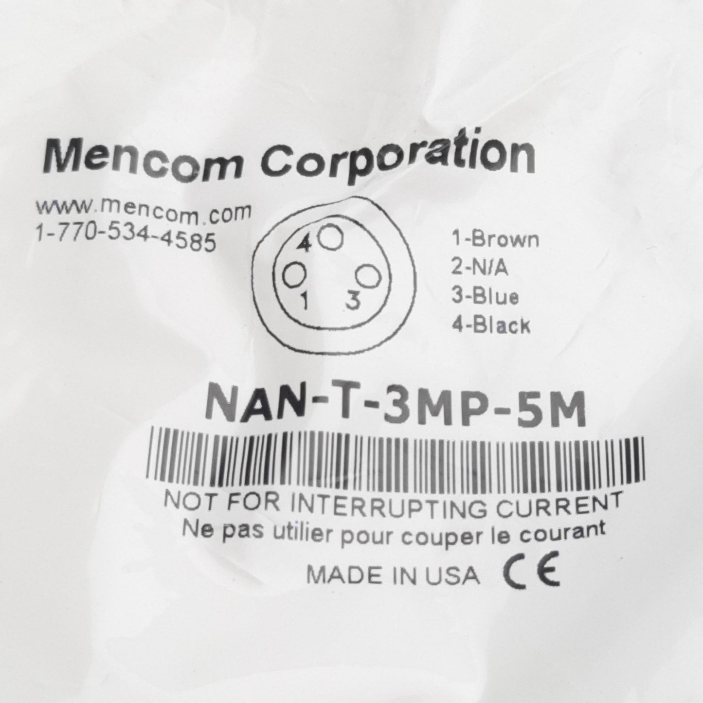 New Lot of 2 Mencom NAN-T-3MP-5M Cordset, 3-Pin M8 Male to Leads, 60VAC/VDC 3A, 5m