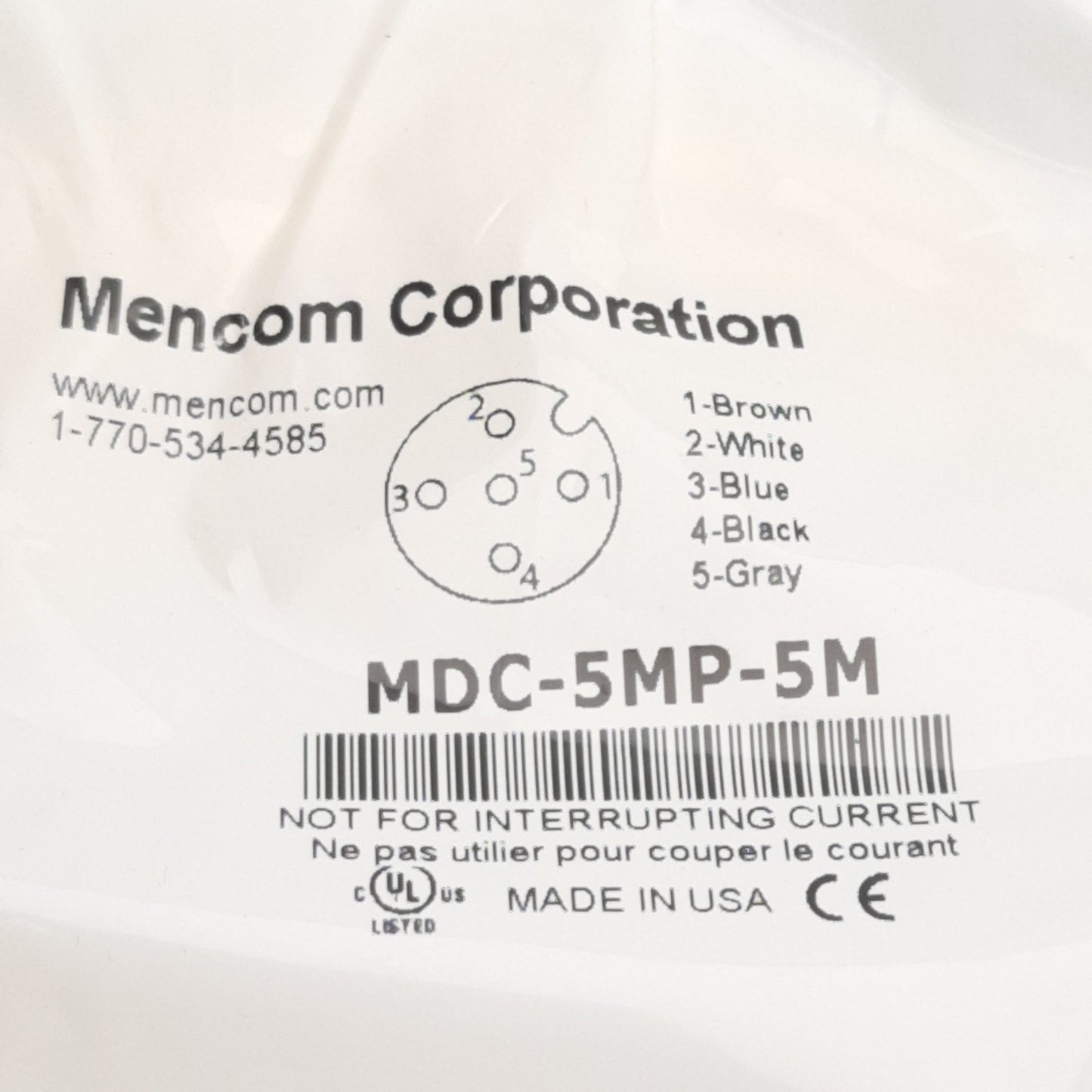 New Mencom MDC-5MP-5M Cordset, 5-Pin M12 Male to Flying Leads, 300VAC 4A, 5m