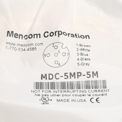 New Mencom MDC-5MP-5M Cordset, 5-Pin M12 Male to Flying Leads, 300VAC 4A, 5m