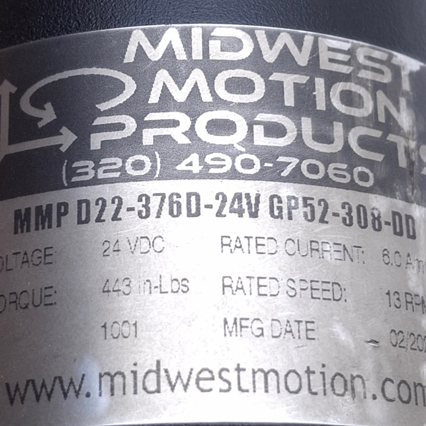 Used Midwest Motion MMP D22-376D-24V GP52-308-DD Reversible DC Gearmotor *No Gearbox*