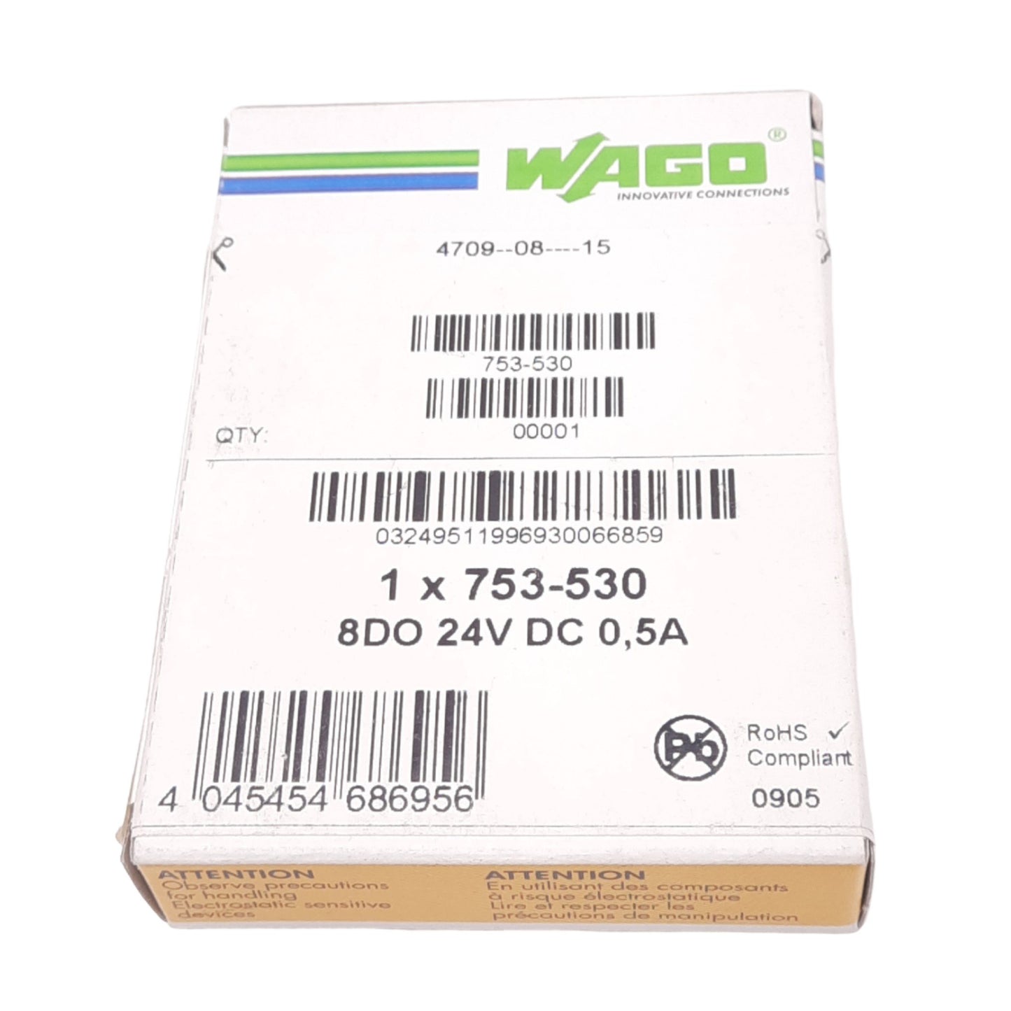 New Wago 753-530 8-Channel Digital Output Module, 8DO, 24VDC, 0.5A, DIN Rail