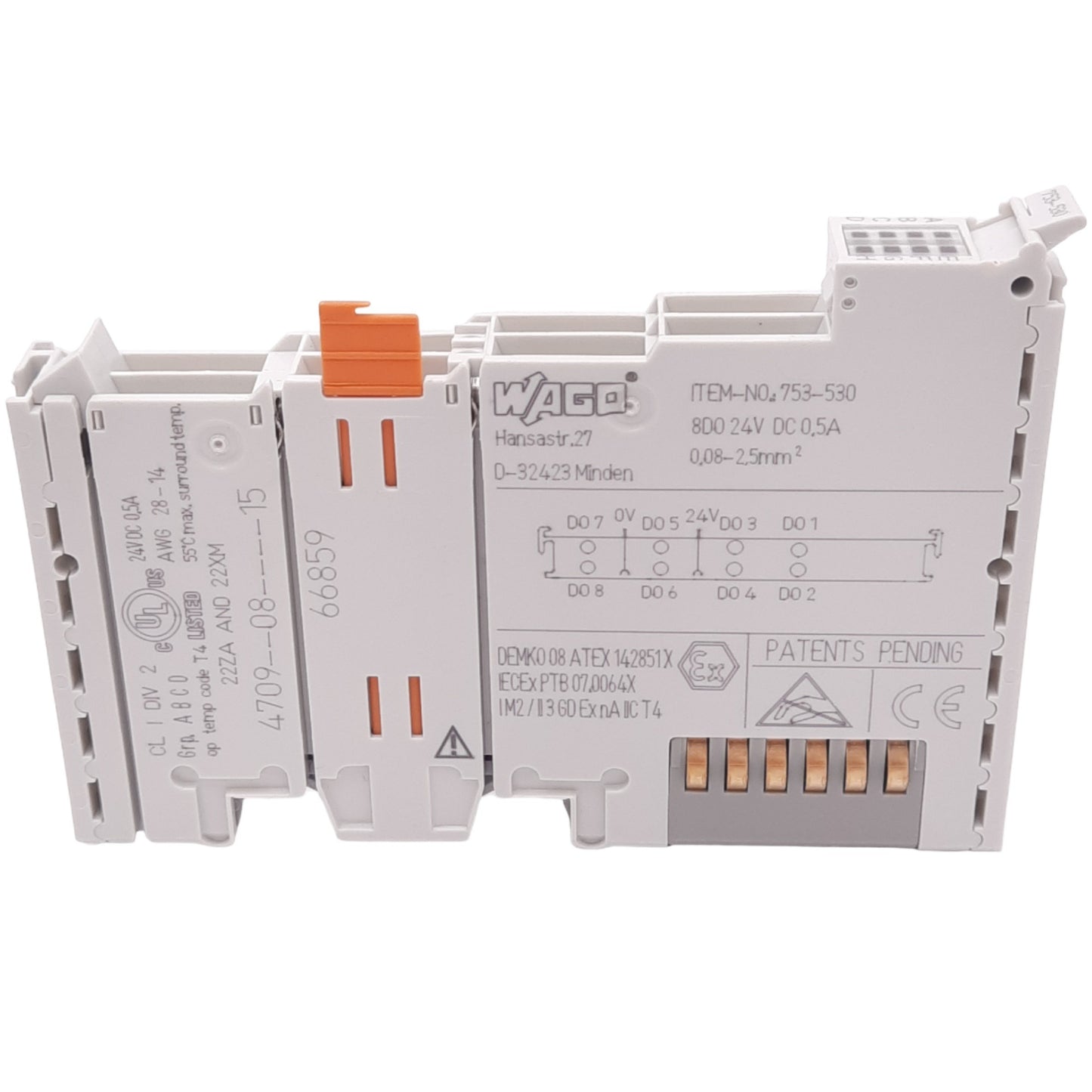 New Wago 753-530 8-Channel Digital Output Module, 8DO, 24VDC, 0.5A, DIN Rail