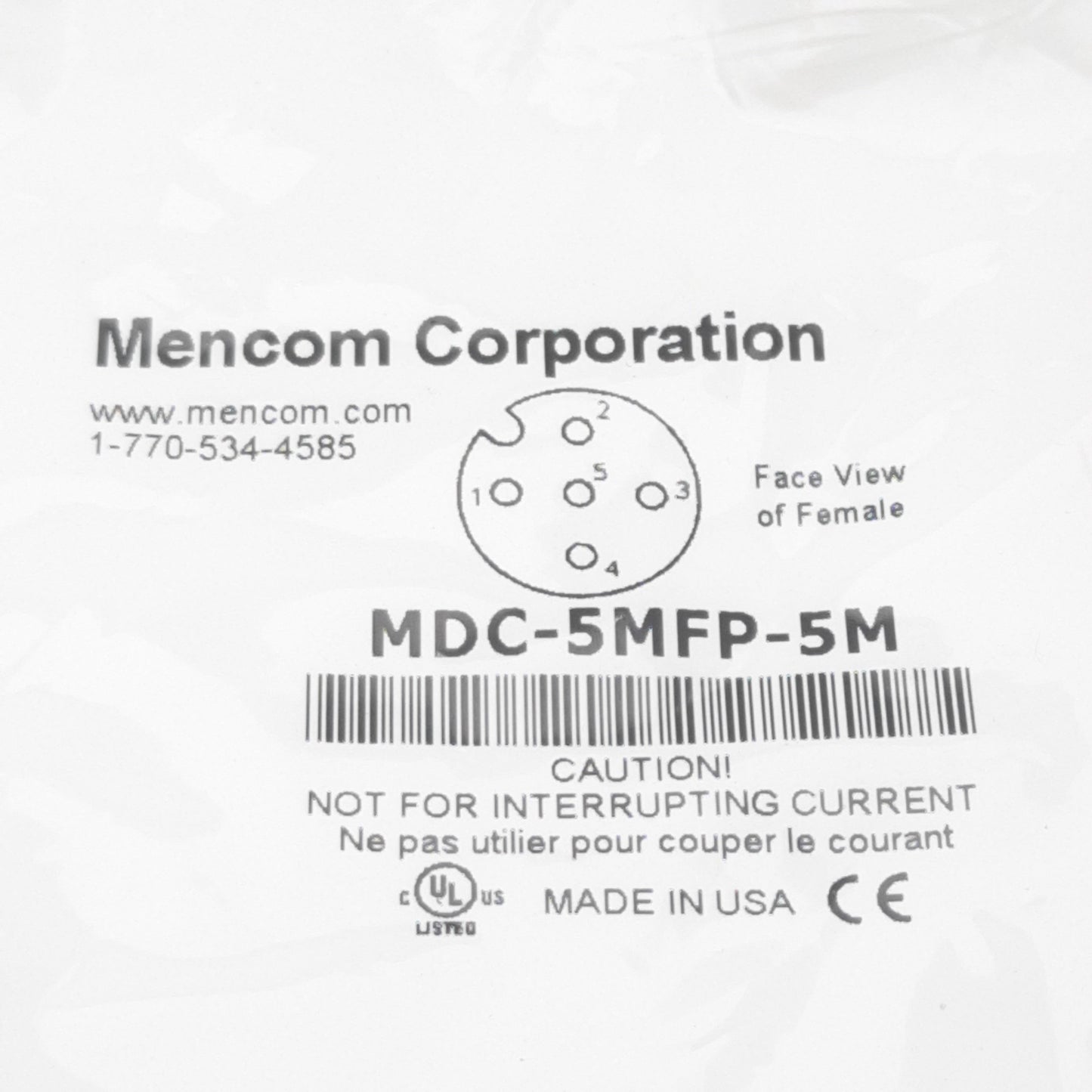 New Mencom MDC-5MFP-5M Cordset, 5-Pin M12 Male to 5-Pin M12 Female, 300VAC 4A, 5m