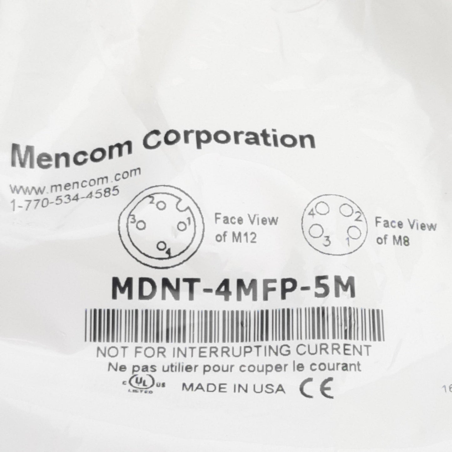 New Mencom MDNT-4MFP-5M Cordset, 4-Pin M12 Male to 4-Pin M8 Female, 60VAC/DC 3A, 5m