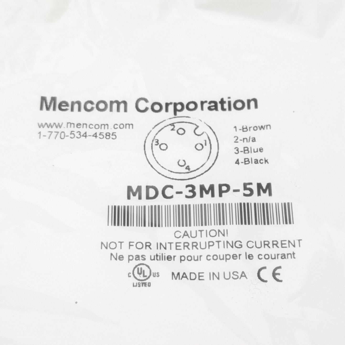 Used Lot of 2 Mencom MDC-3MP-5M Cordset, 3-Pin M12 Male to Leads, 300VAC/VDC 4A, 5m