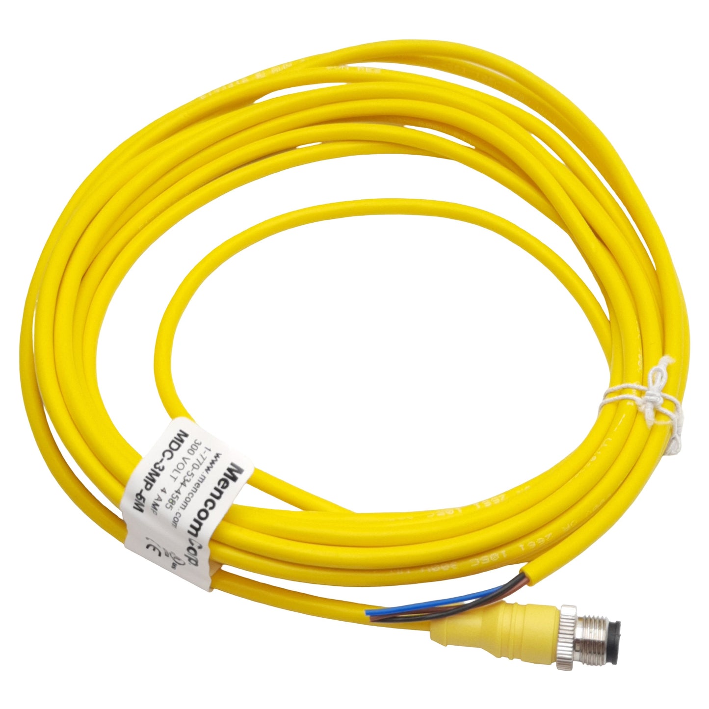 Used Lot of 2 Mencom MDC-3MP-5M Cordset, 3-Pin M12 Male to Leads, 300VAC/VDC 4A, 5m
