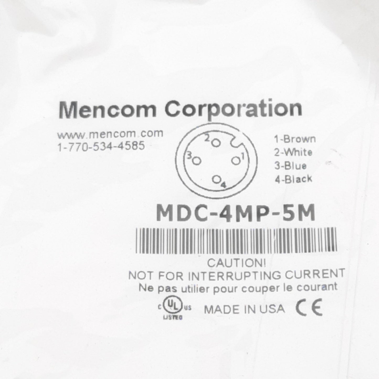 New Mencom MDC-4MP-5M Cordset, 4-Pin M12 Male to Flying Leads, 300VAC/VDC 4A, 5m