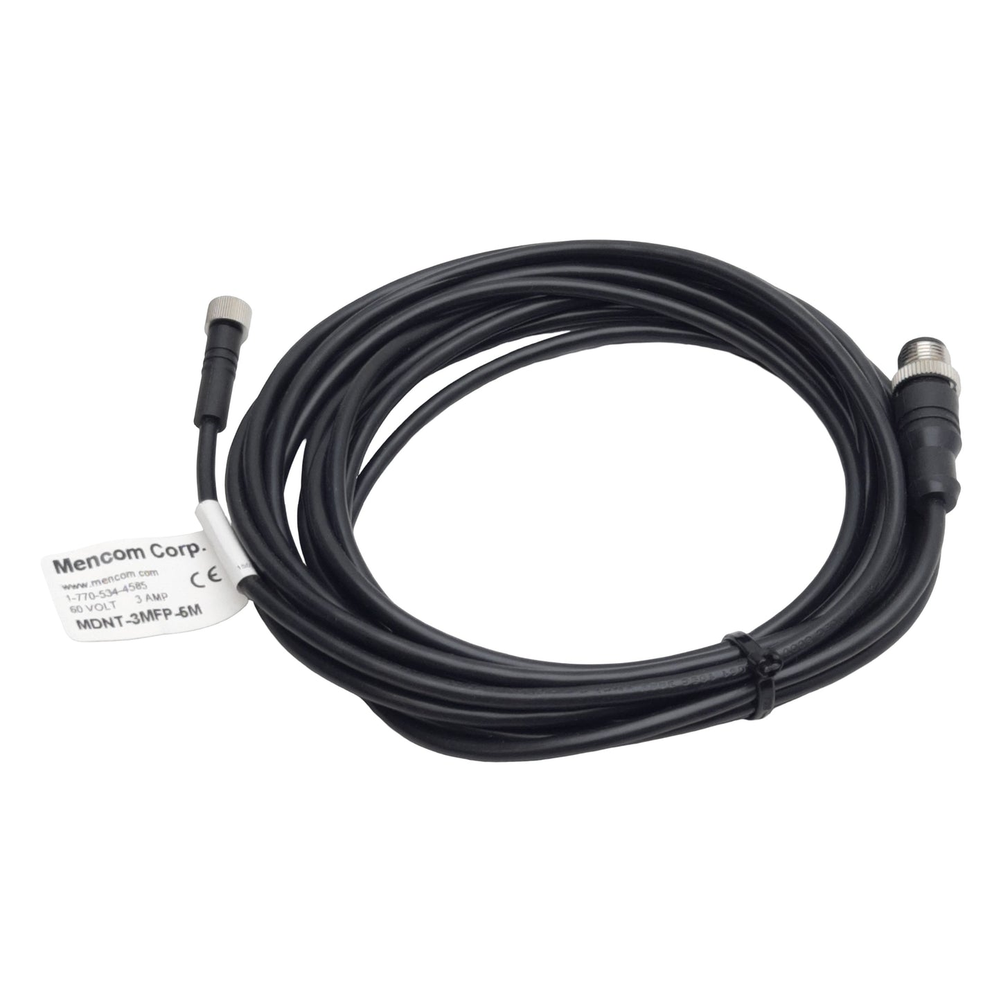Used Mencom MDNT-3MFP-5M Cordset, 3-Pin M12 Male to 3-Pin M8 Female, 60VAC/VDC 3A, 5m