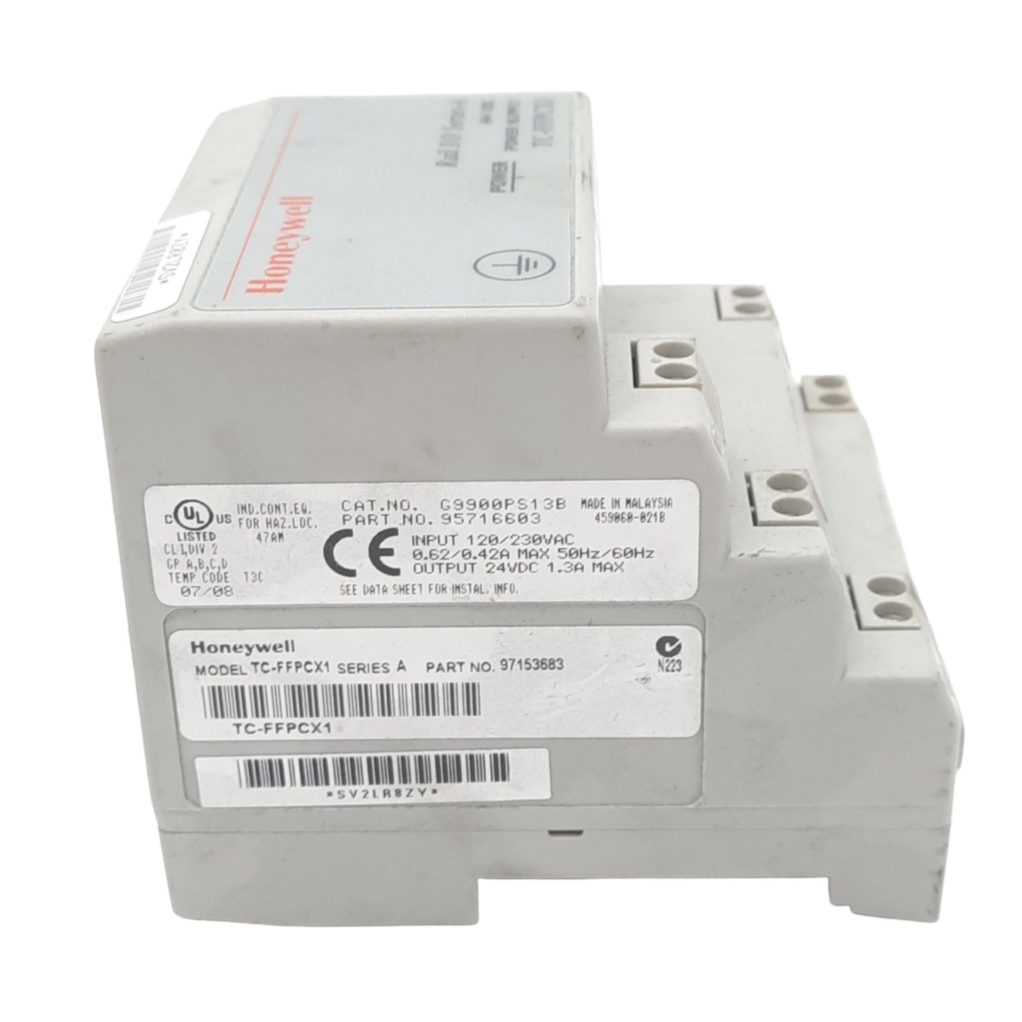 Used Honeywell TC-FFPCX1 Power Supply, 120/230VAC In, 24VDC 1.3A Out, DIN Rail