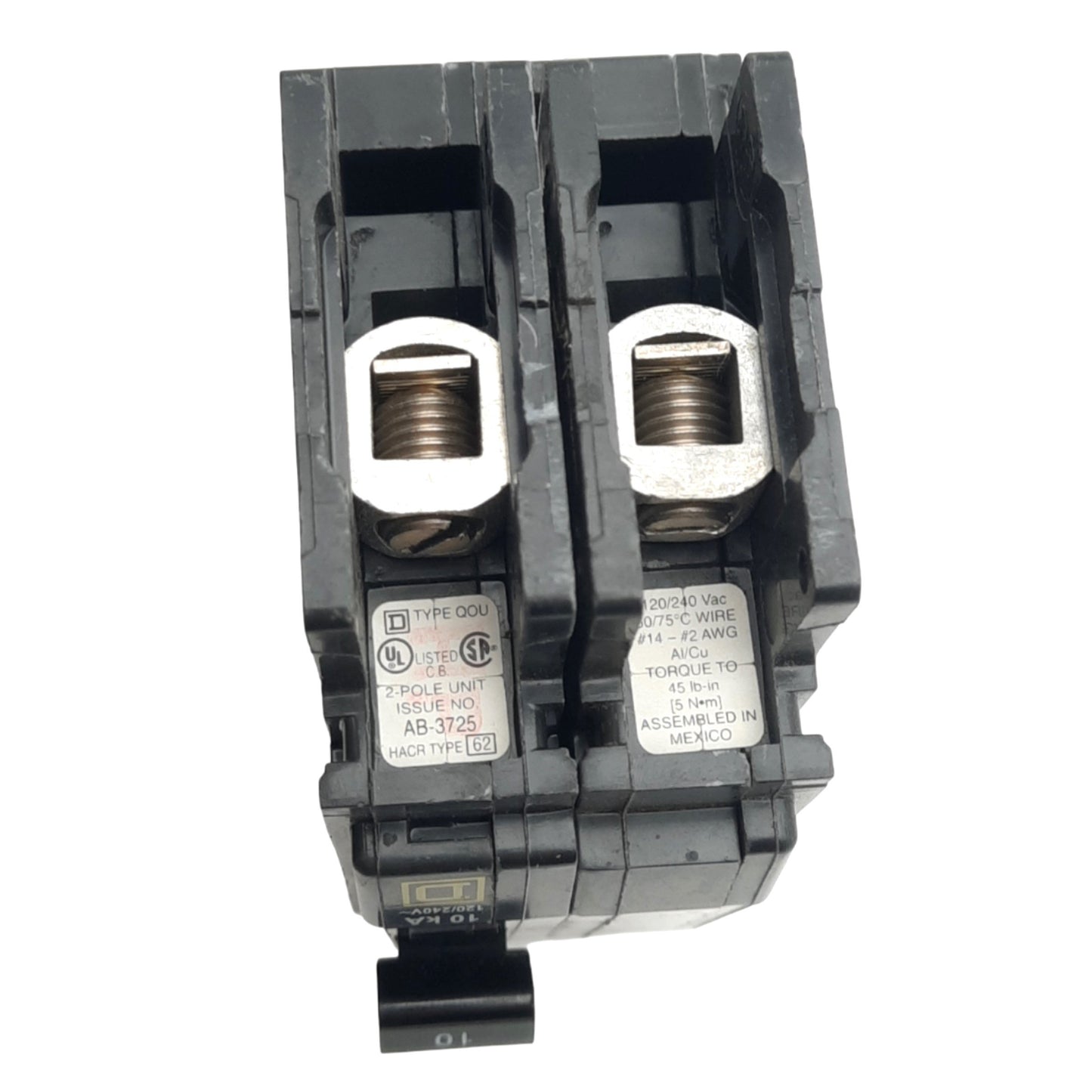 Used Square D QOU210 Circuit Breaker, 2-Pole, 10A, 120/240VAC Max, DIN Rail