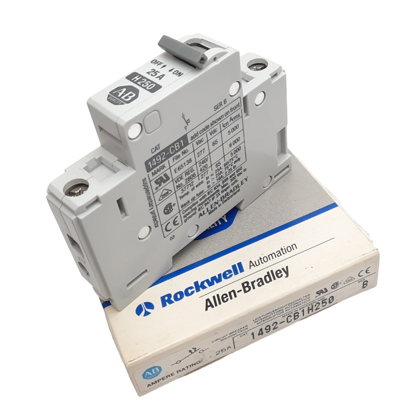 New Allen Bradley 1492-CB1H250 Circuit Breaker, 1-Pole, 25A, 277VAC/65VDC Max