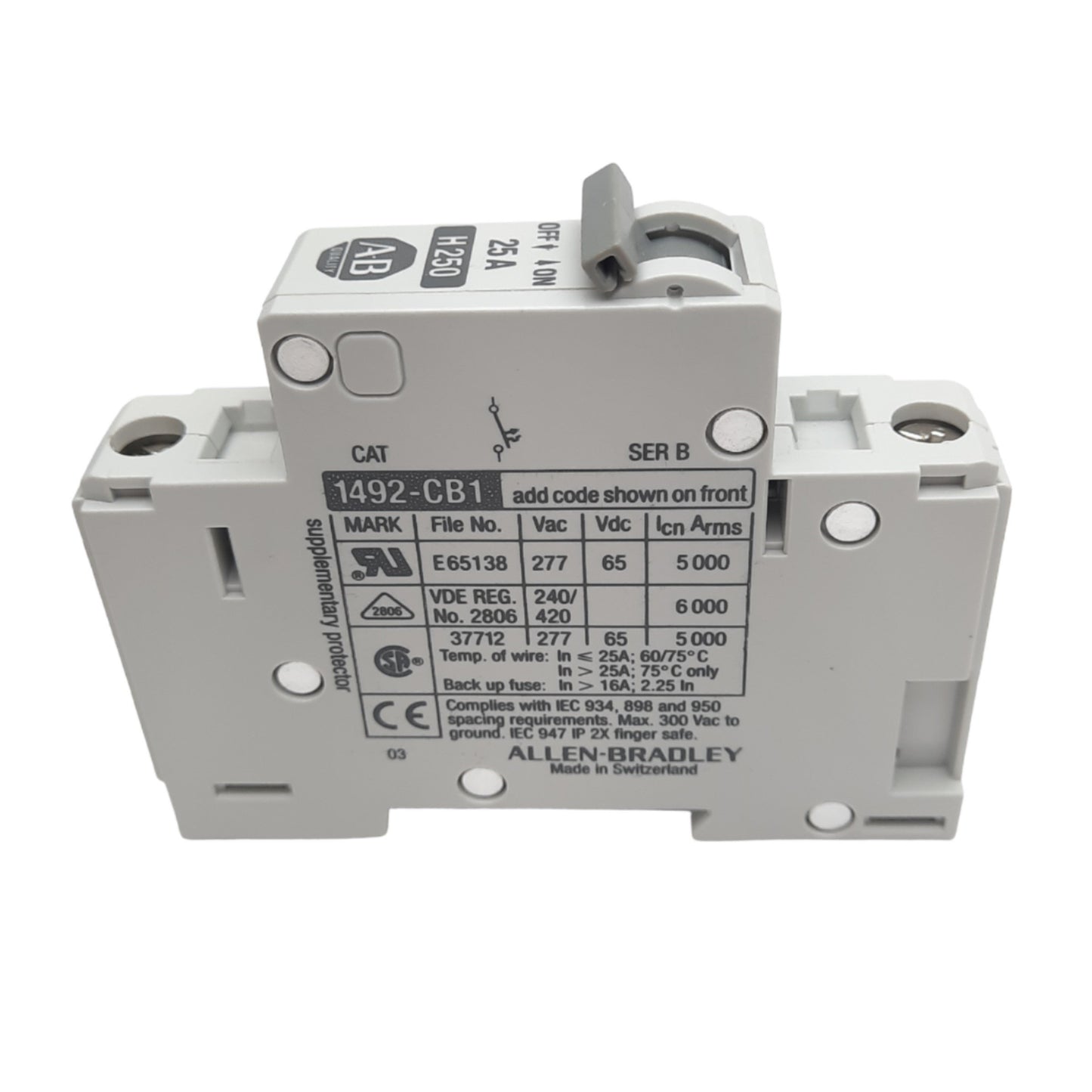 New Allen Bradley 1492-CB1H250 Circuit Breaker, 1-Pole, 25A, 277VAC/65VDC Max