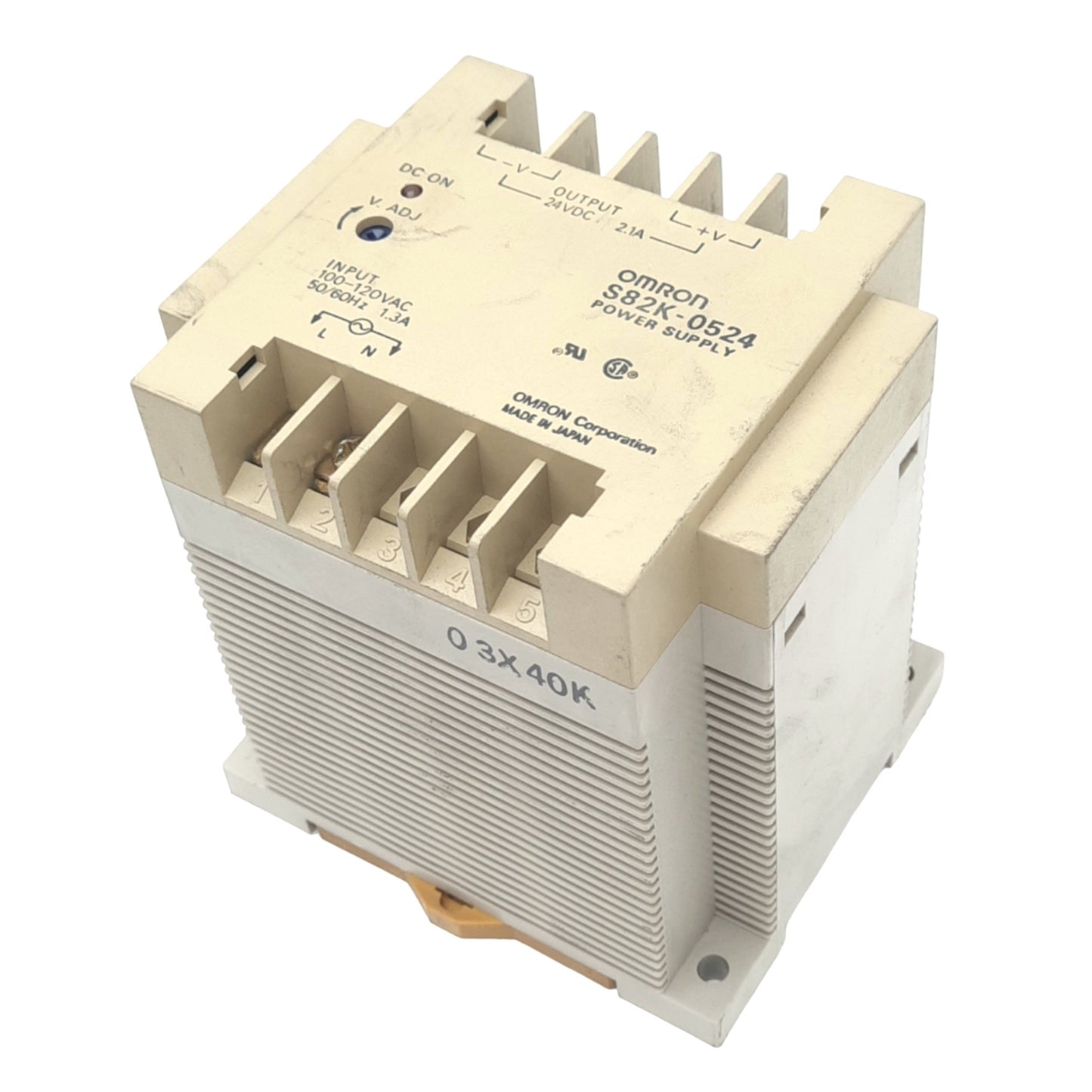 Used Omron S82K-0524 Power Supply, 100-120VAC 1.3A In, 24VDC 2.1A Out, 50W Max