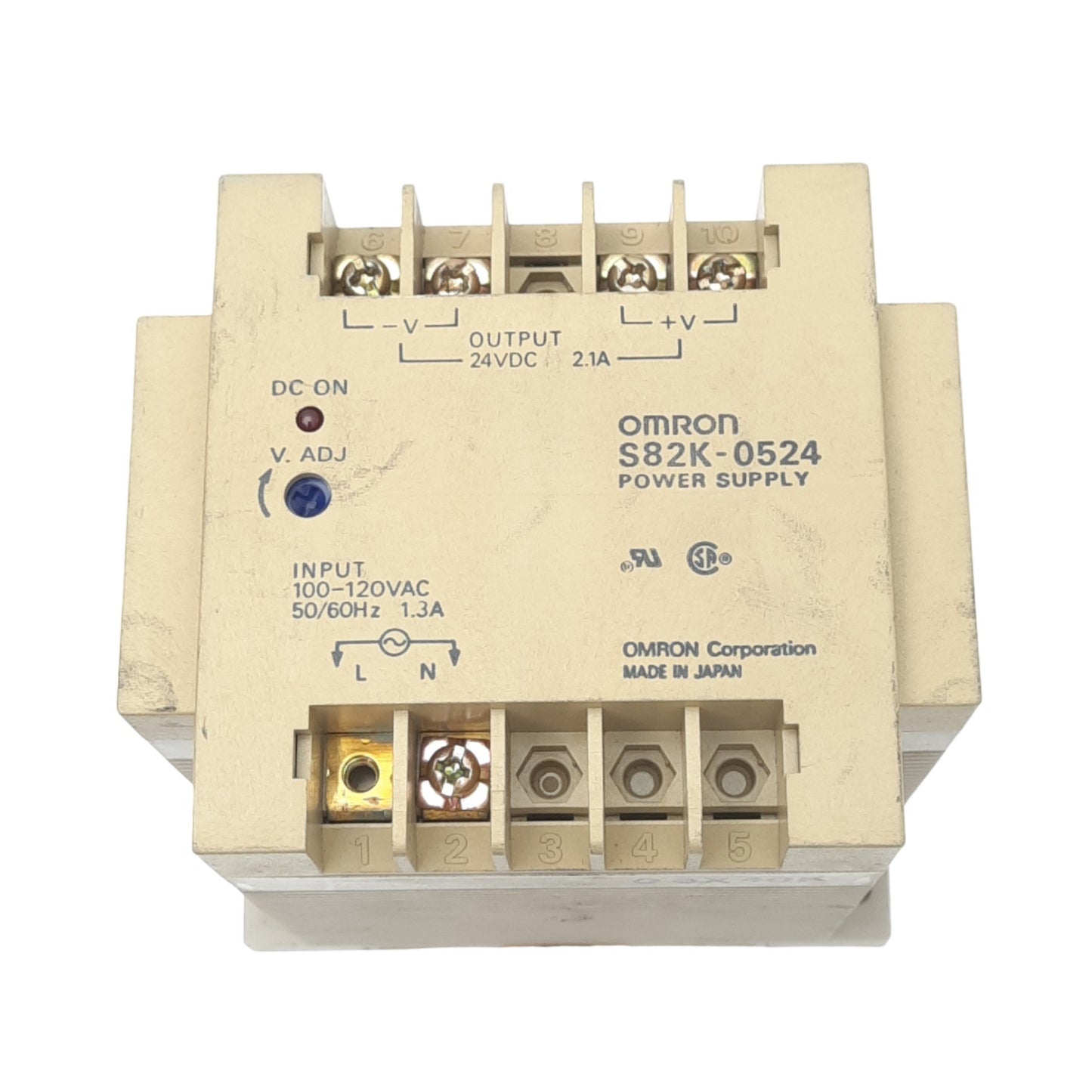 Used Omron S82K-0524 Power Supply, 100-120VAC 1.3A In, 24VDC 2.1A Out, 50W Max