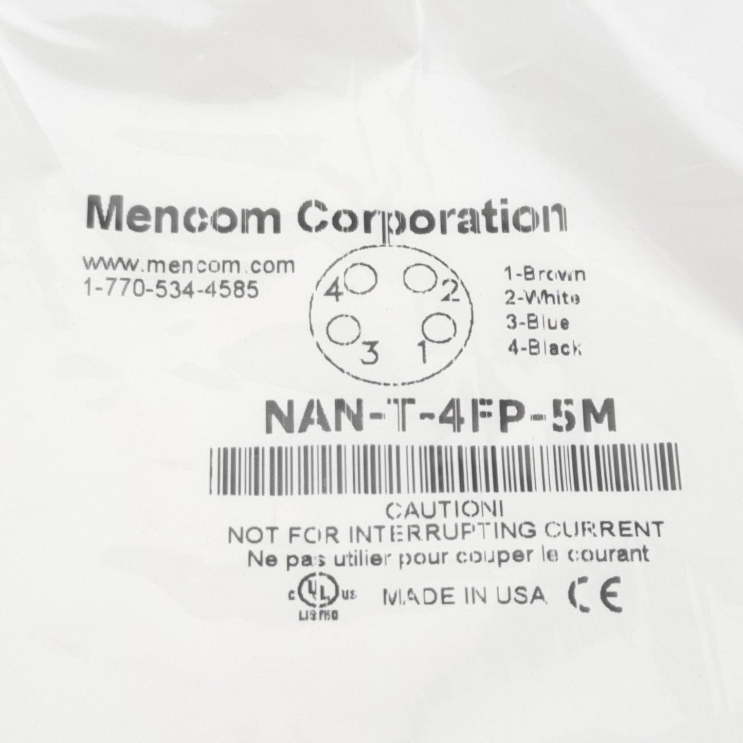 New Lot of 2 Mencom NAN-T-4FP-5M Cordset, 4-Pin M8 Female to Leads, 60VAC/VDC 3A, 5m