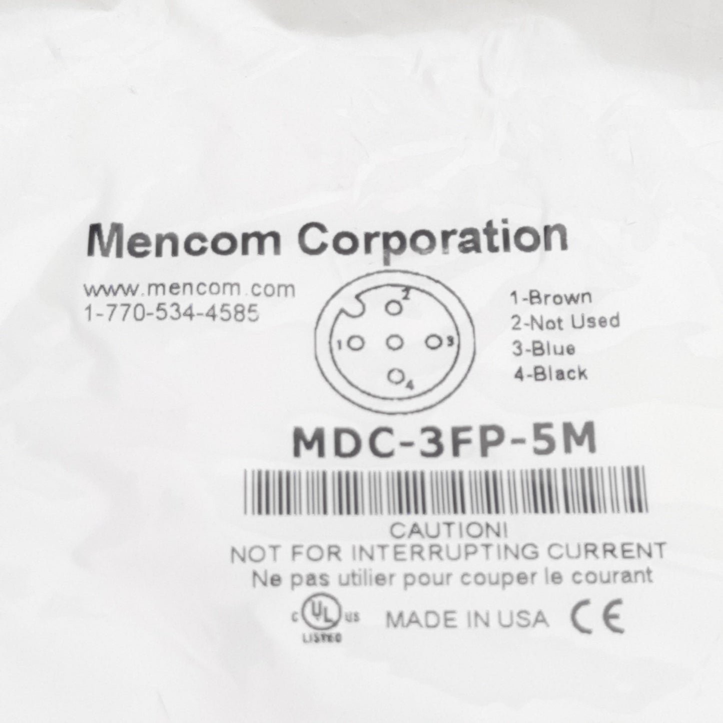 New Lot of 2 Mencom MDC-3FP-5M Cordset, 3-Pin M12 Female to Leads, 300VAC/VDC 4A, 5m
