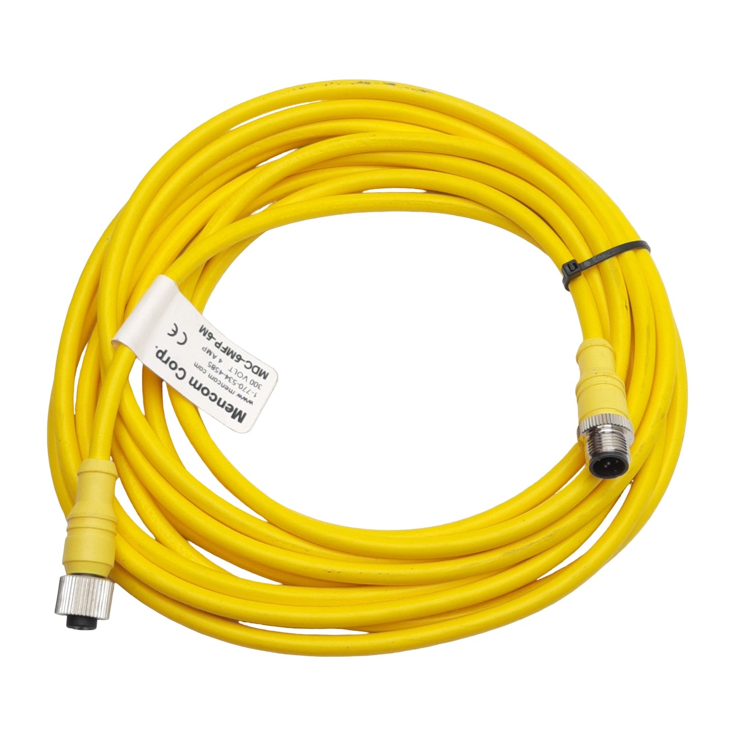 Used Mencom MDC-4MFP-5M Cordset, 4-Pin M12 Male to Female 300VAC/VDC 4A, 5m