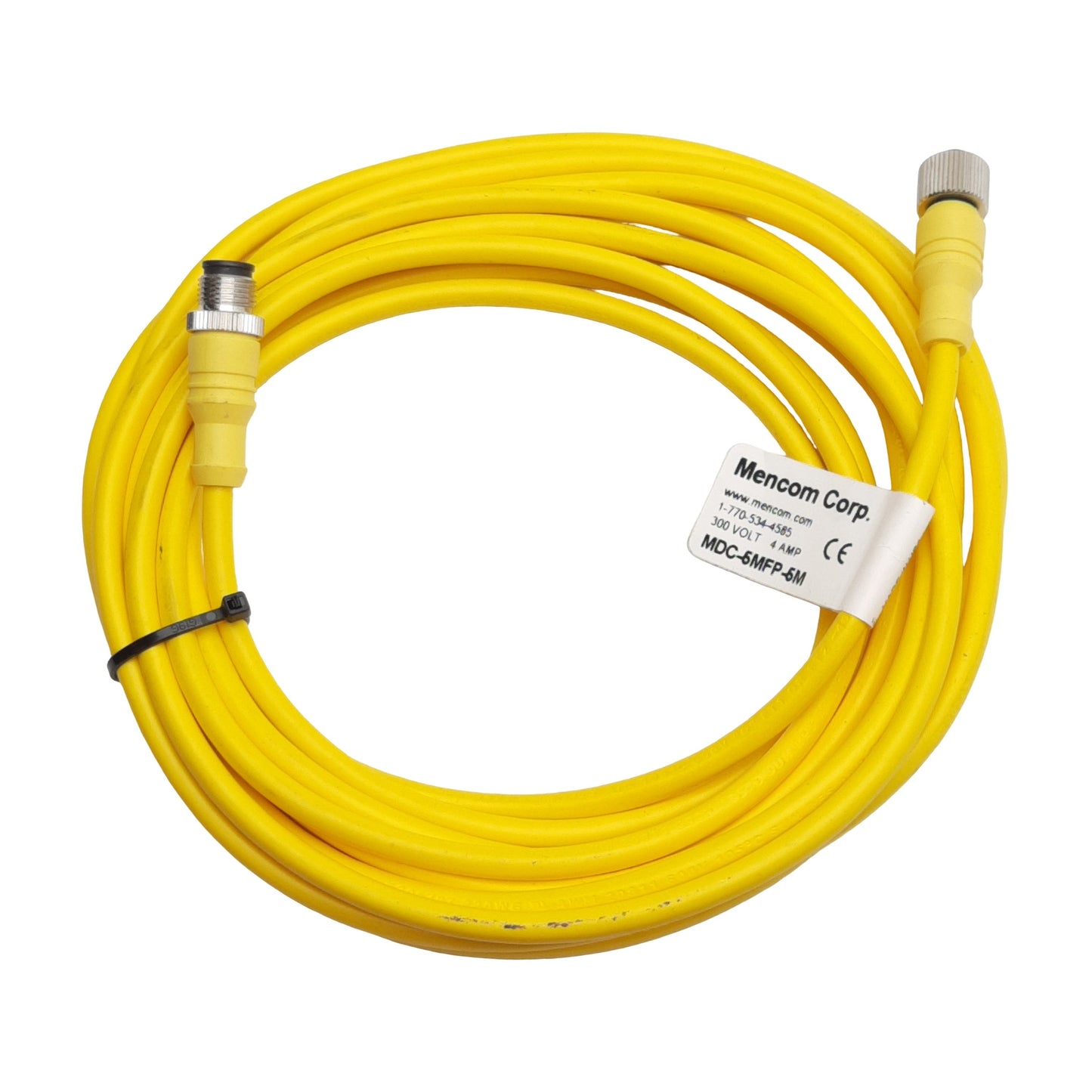 Used Mencom MDC-4MFP-5M Cordset, 4-Pin M12 Male to Female 300VAC/VDC 4A, 5m