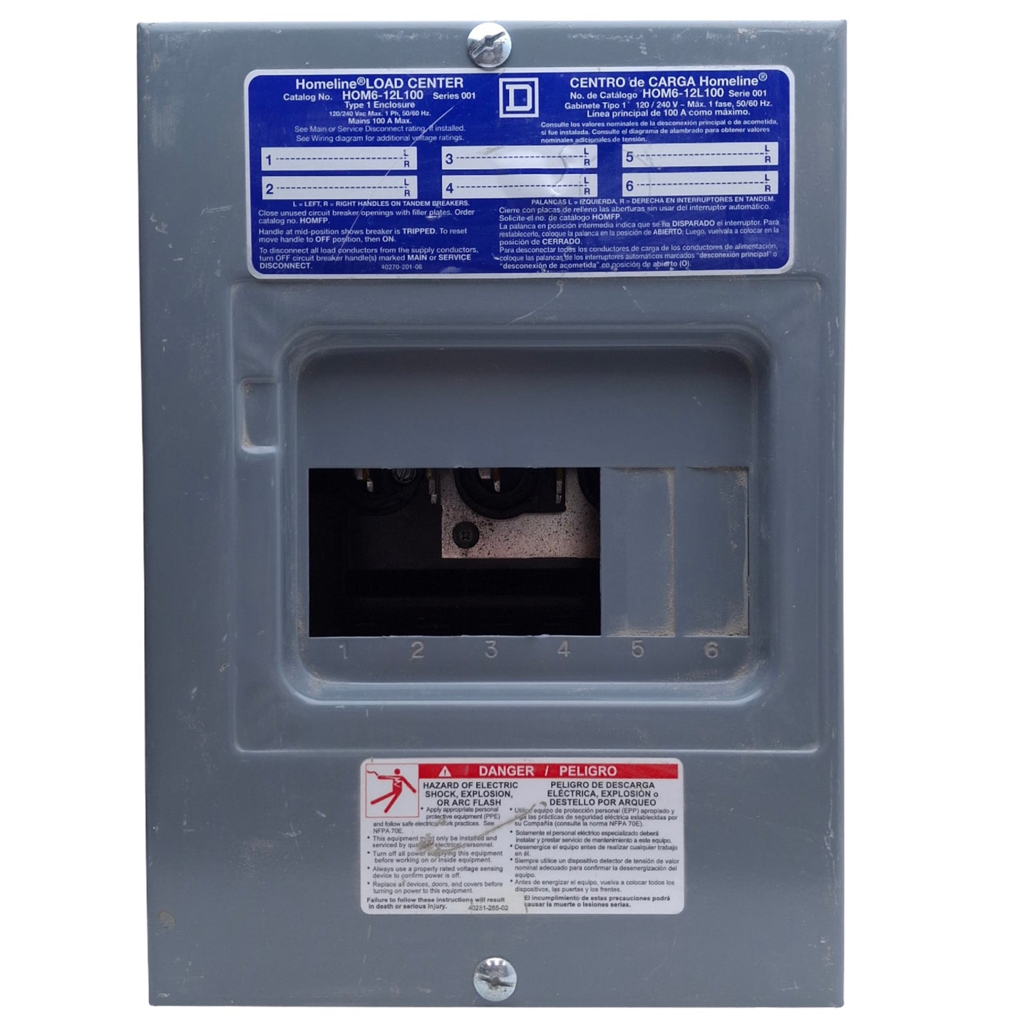 Used Square D HOM612L100 Load Center 120/240VAC, 100A, 1 Phase, 6 Spaces, NEMA 1